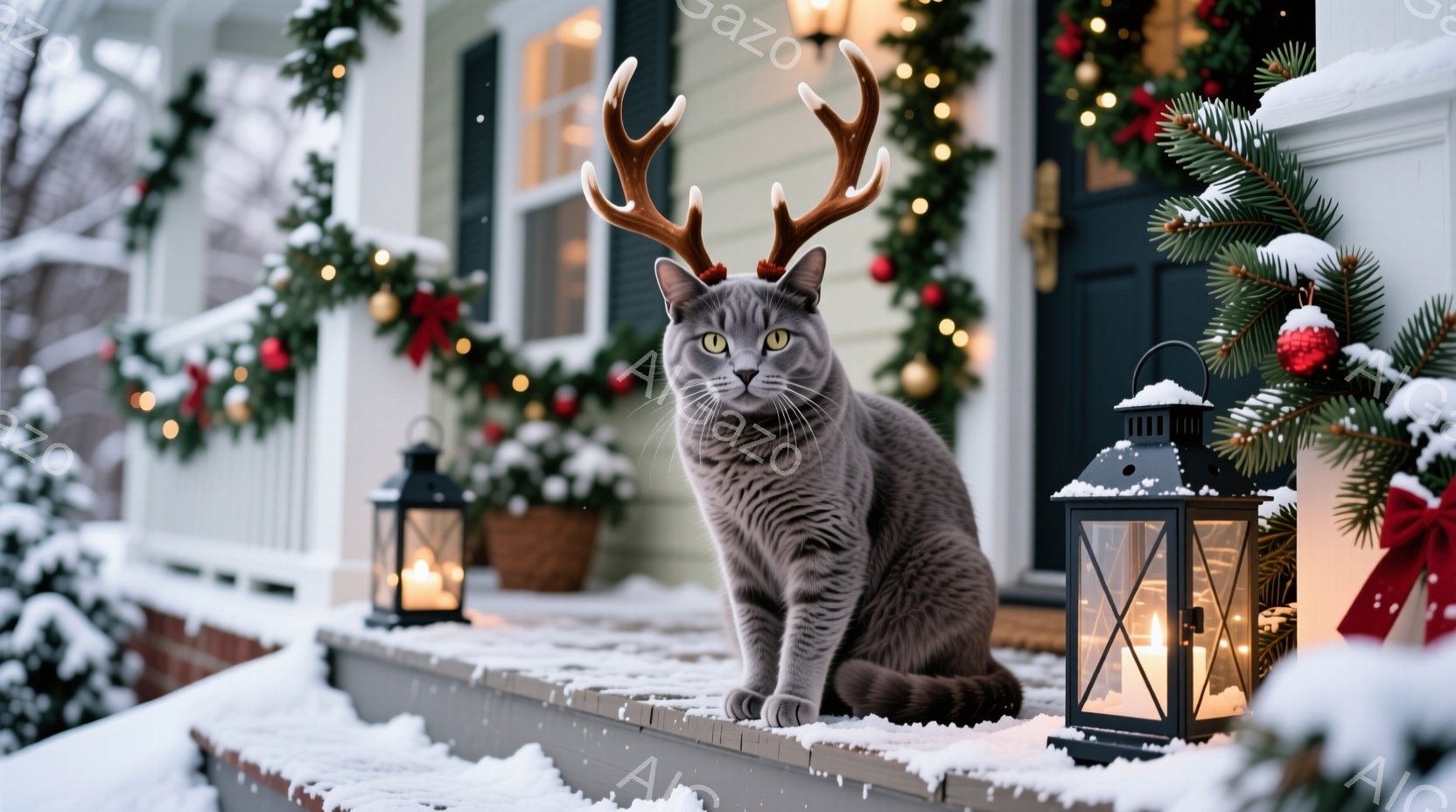 灰色の猫が、まるでトナカイのように角を装着して、雪の降る家の玄関ポーチに座っています。背景には、クリスマス装飾が施された玄関ドアと、点灯したランタン、そして雪で覆われた植物が見えます。全体的に温かく、 - AI生成フリー素材