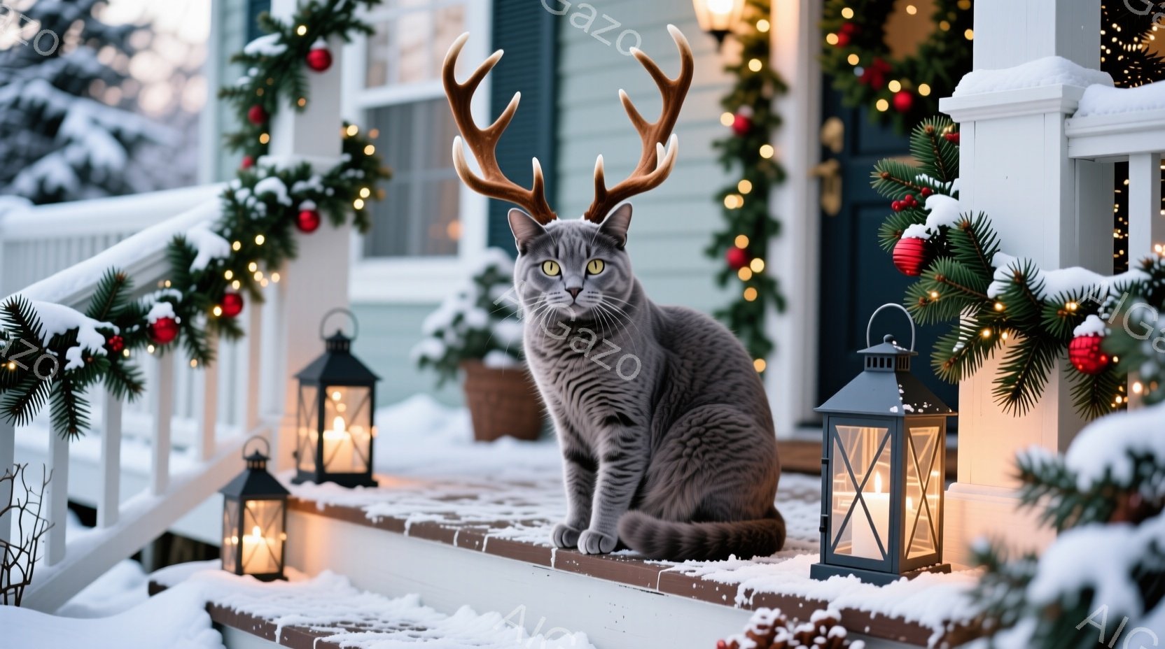 灰色の猫が、まるでトナカイのように角をつけて階段に座っています。背景にはクリスマス装飾が施された家があり、雪が降り積もった階段と、点灯されたランタンが温かい雰囲気を醸し出しています。全体的に、クリスマスの祝祭気分を感じさせる、お茶目な光景です。
