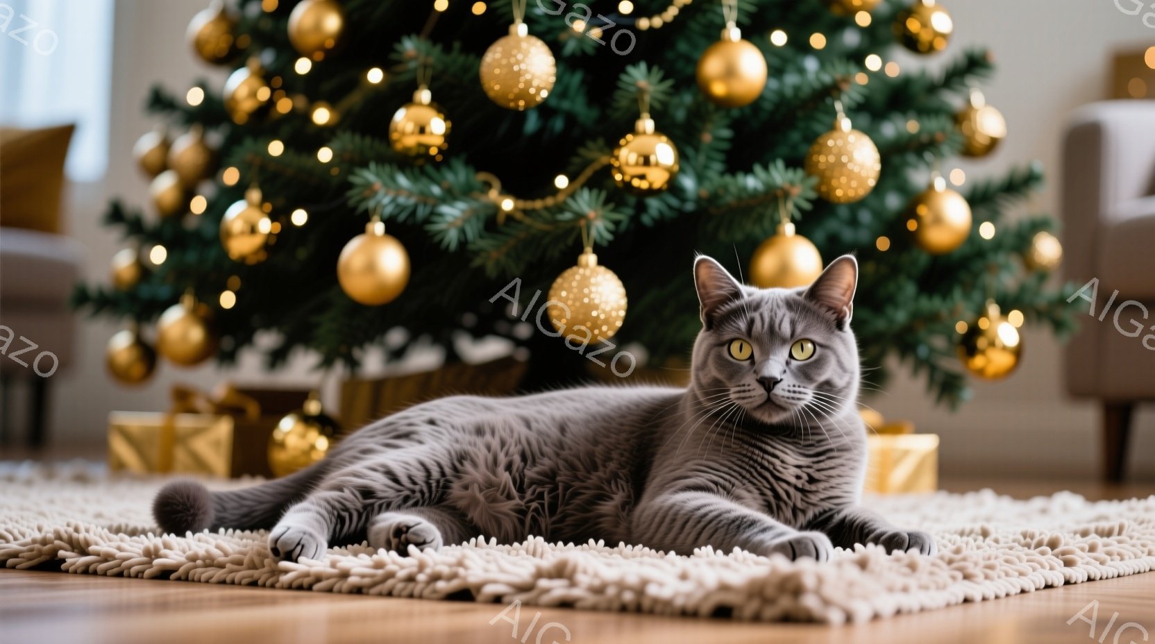 灰色の猫が、明るい色のラグの上に横たわっており、穏やかな表情で正面を見つめています。背景には、金色のオーナメントで飾られたクリスマスツリーがあり、プレゼントの箱も確認できます。室内は暖かく、ホリデーシーズンを思わせる穏やかでリラックスした雰囲気です。