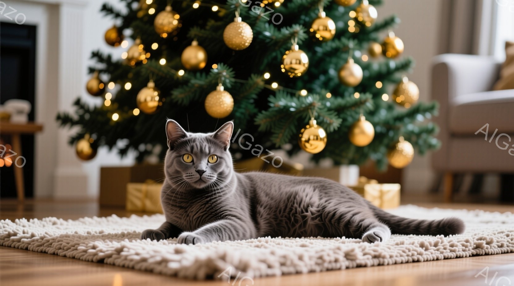 灰色の猫がふわふわの白いラグの上でリラックスして横たわっています。背景には、金色のオーナメントで飾られたクリスマスツリーが暖かく輝き、プレゼントボックスも置かれています。全体的に、冬の穏やかで心地よい - AI生成フリー素材