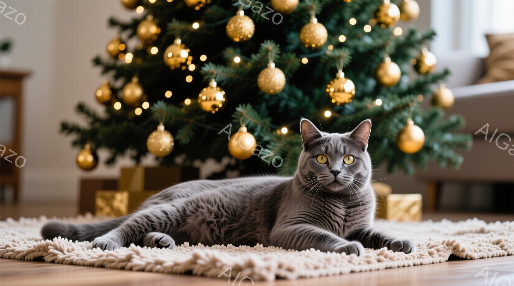 灰色の猫が、明るい木製の床に敷かれたオフホワイトのラグの上に横たわっています。背景には、金色のオーナメントで飾られたクリスマスツリーがあり、暖かくお祝いの雰囲気です。猫はリラックスした様子で、カメラの方を見て、わずかに微笑んでいるように見えます。