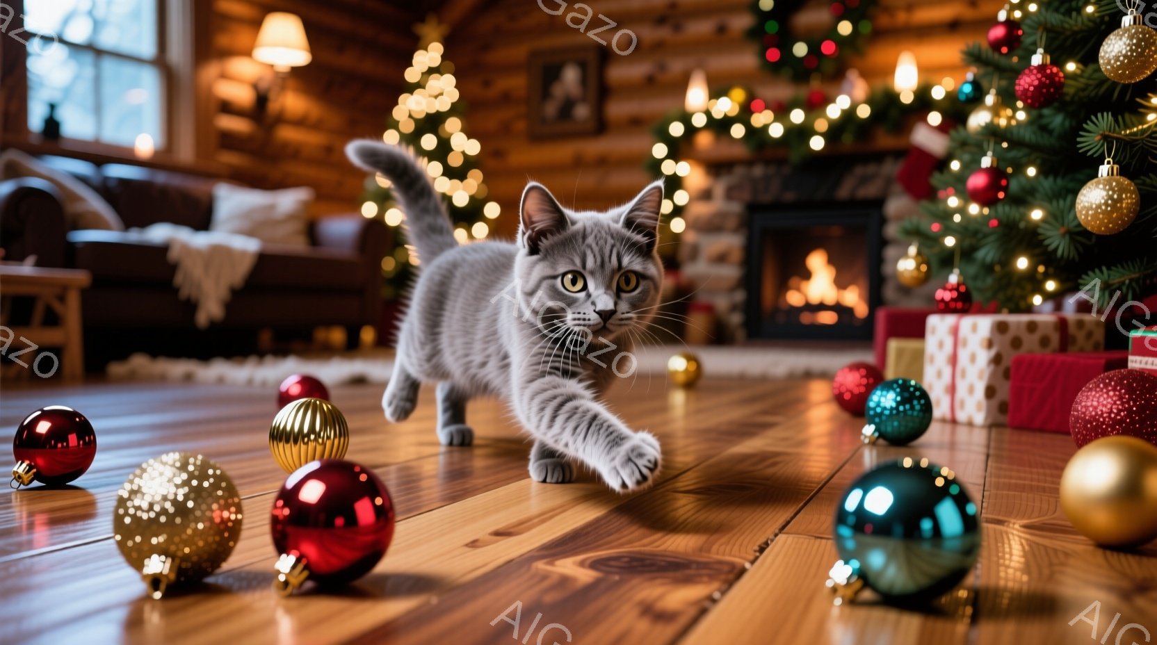 暖炉のある部屋の床に、灰色の小さな子猫がクリスマスオーナメントの間を歩いています。子猫は前足を伸ばし、遊んでいるような活発な姿勢を見せており、その表情は好奇心と遊び心に満ちています。背景には飾り付けられたクリスマスツリーがあり、温かく、お祝いの雰囲気の室内が広がっています。
