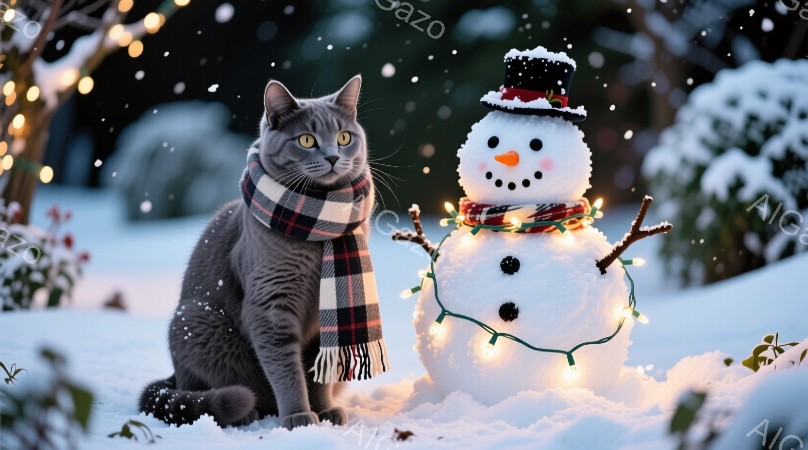 灰色の毛並みの猫が雪の中に座り、チェック柄の赤いスカーフを巻いています。猫は正面を見ており、穏やかな表情をしています。背景には雪だるまが飾られ、暖かい光のイルミネーションが雪景色を照らし、クリスマスの - AI生成フリー素材