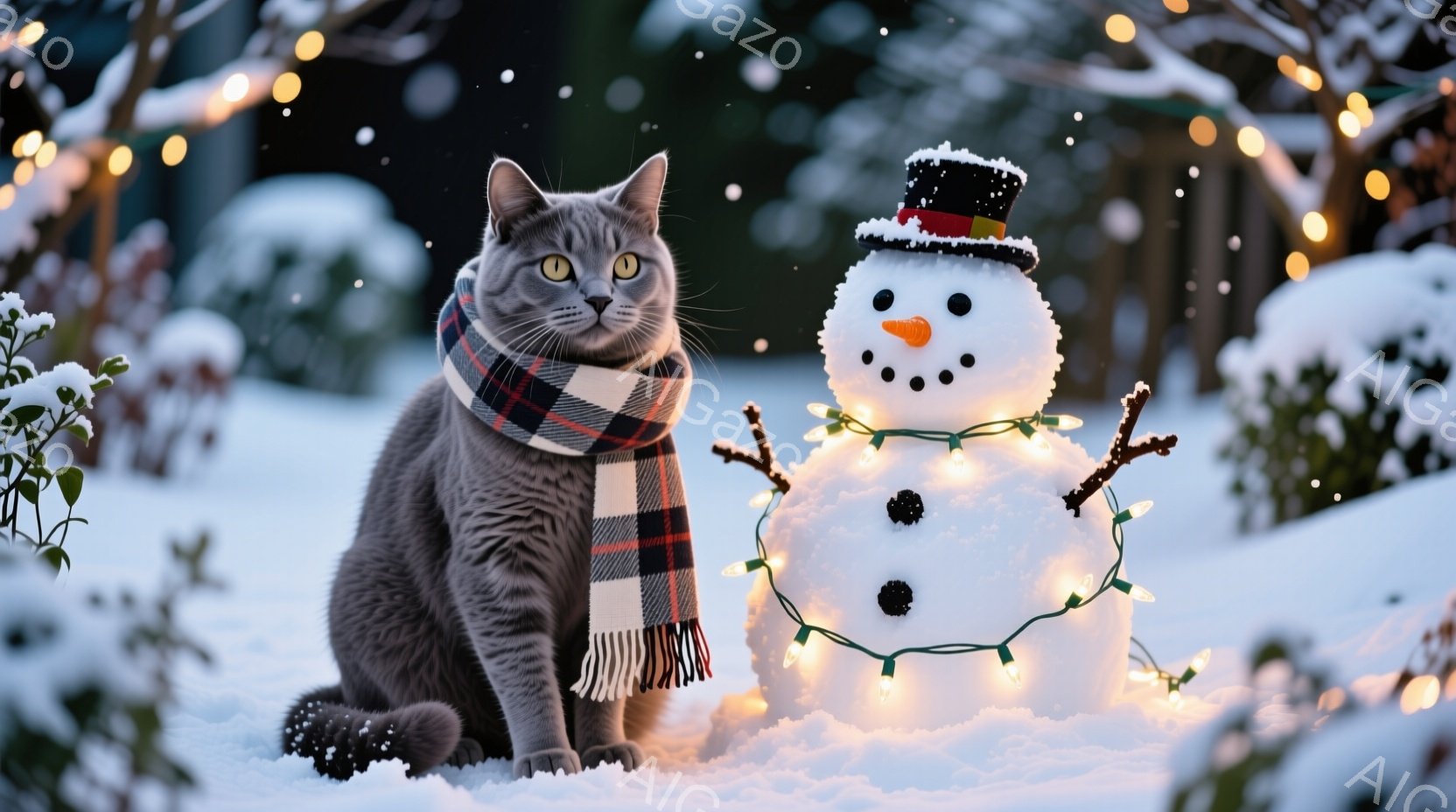 灰色の猫が雪の上に座り、赤と黒のチェック柄のマフラーを巻いています。表情は穏やかで、少しこちらを見ているようです。背景には雪に覆われた植物と、電飾で飾られた雪だるまがあり、冬の暖かく幻想的な雰囲気を醸 - AI生成フリー素材
