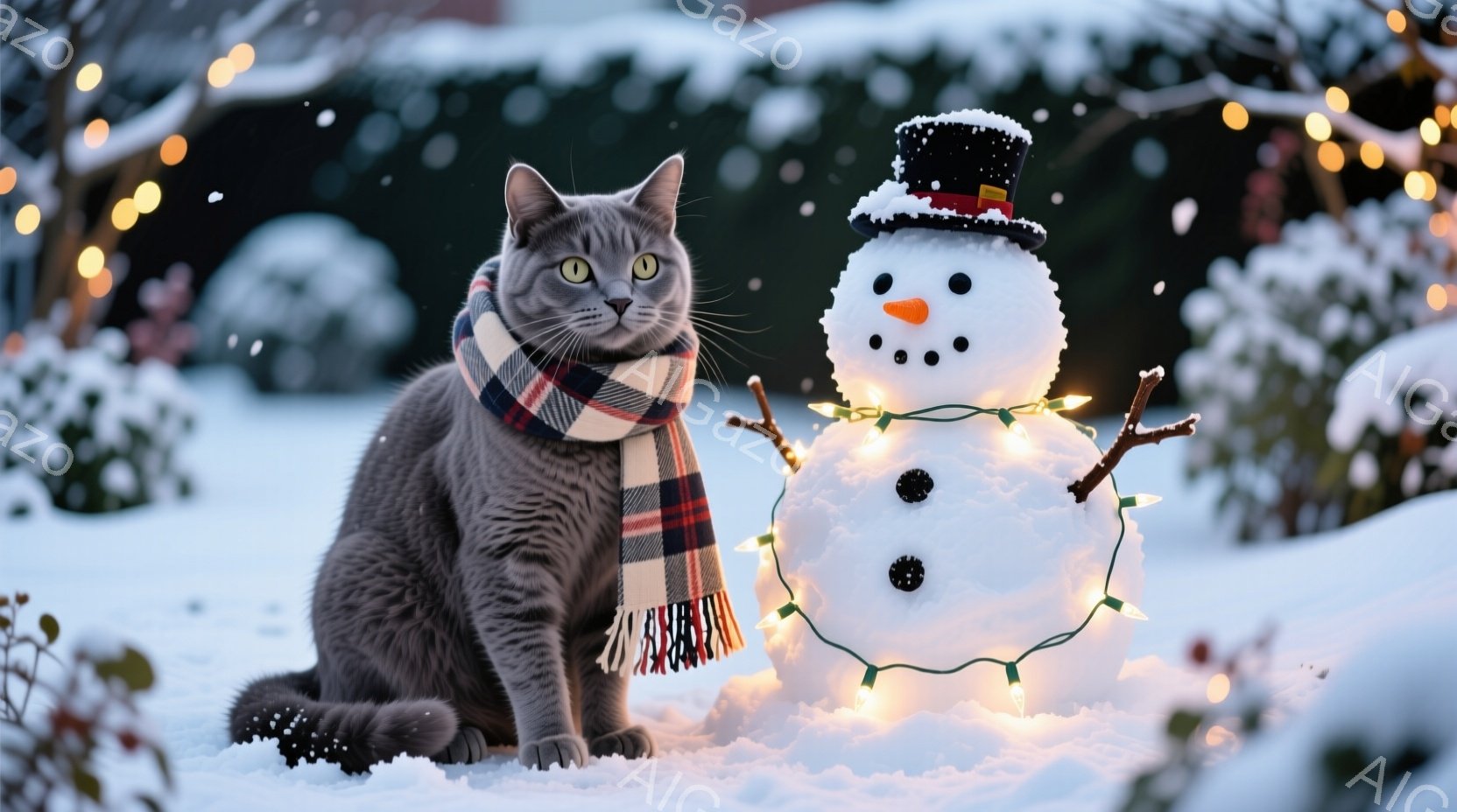 灰色の猫がチェック柄の首巻きを巻いて雪の上に座っており、正面には雪だるまが飾られています。雪だるまはつばめの形をした帽子をかぶり、小さな石ころで目と口が作られており、オレンジ色の人参で鼻が表現されてい - AI生成フリー素材