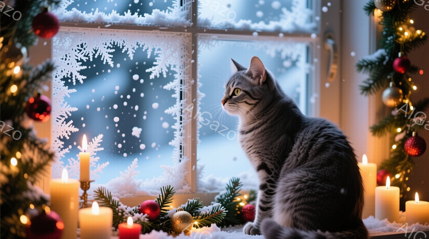 灰色の毛並みの猫が、雪景色を眺めるように窓辺に座っています。窓の外には雪が降り積もり、背景はぼやけていますが、クリスマスの飾り付けがされた窓辺には、赤と金のオーナメントと点灯したキャンドルが置かれ、温 - AI生成フリー素材