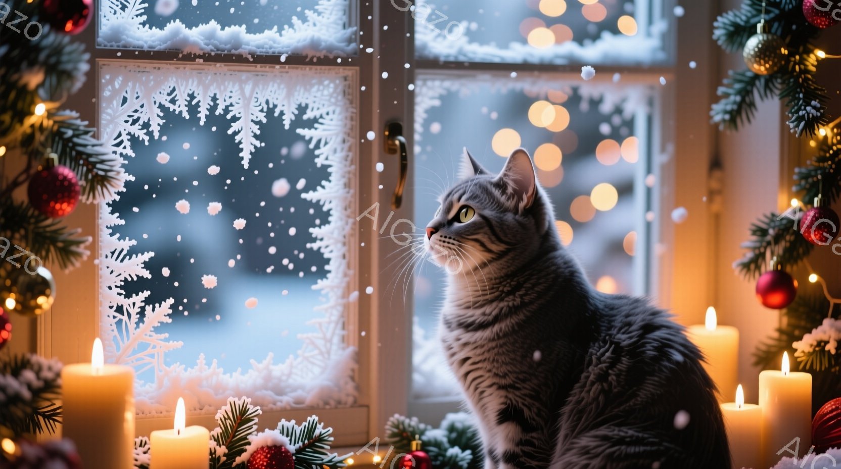 灰色の縞模様の猫が窓辺で外を見つめています。窓には雪の結晶の模様が描かれており、背景にはぼやけた光のぼんやりとした風景が見えます。クリスマスの飾りや点灯したキャンドルが猫の周りに配置され、暖かく幻想的 - AI生成フリー素材