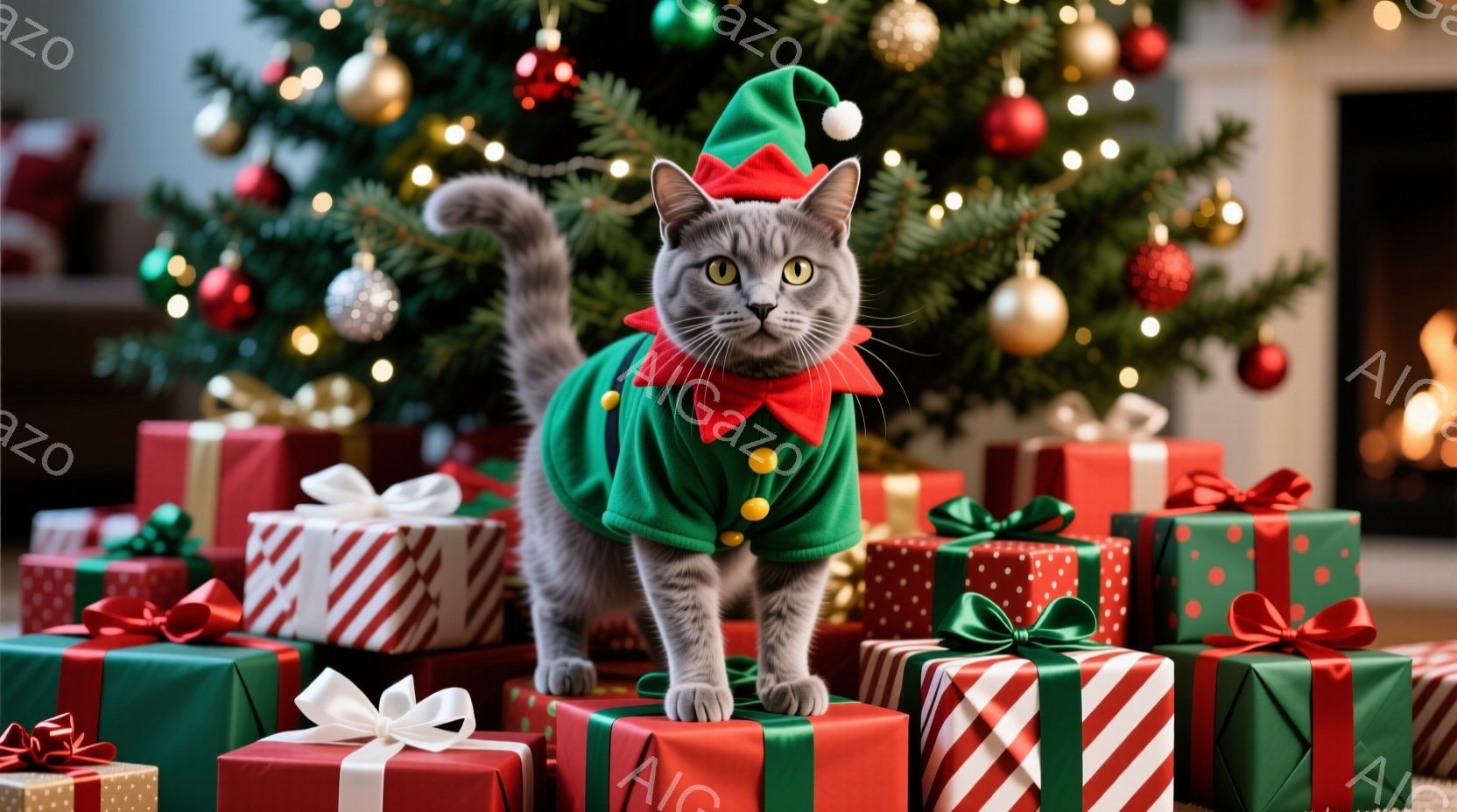 灰色の猫がクリスマスエルフの衣装を着て、プレゼントの山の上に立っています。エルフの帽子は赤色で、緑色のベストと白い襟がついており、猫は正面を見て少し驚いた表情をしています。背景には、オーナメントで飾ら - AI生成フリー素材