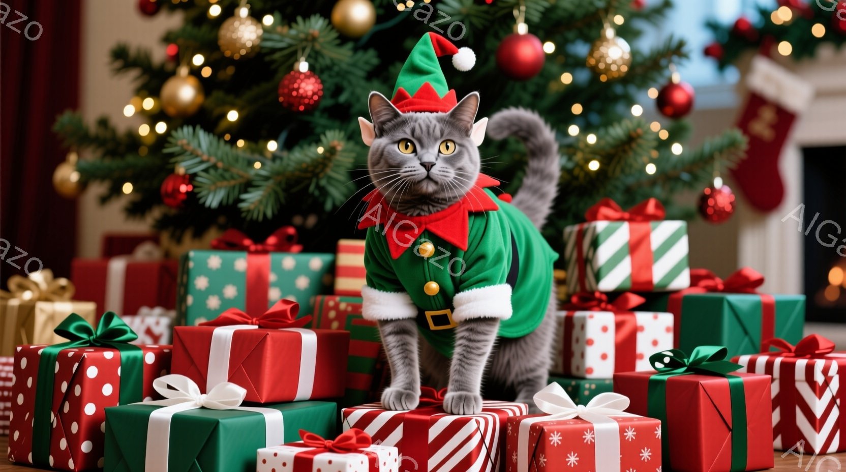 灰色の猫がクリスマスプレゼントの山の上に立っており、緑と白のトリムが付いた赤いサンタの帽子とベストを身に着けています。猫は正面をまっすぐ見ており、表情は穏やかで、まるでクリスマスを祝う準備ができているかのようです。背景には、飾り付けられたクリスマスツリーと、暖炉の見える暖かい室内が広がっており、全体的に温かくお祝いの雰囲気を醸し出しています。