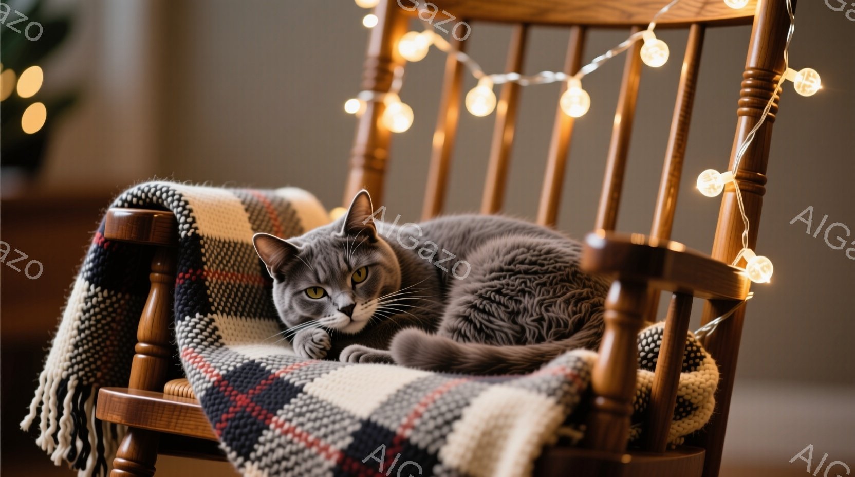 灰色の猫が、チェック柄の毛布がかかったロッキングチェアに丸まって座っています。猫はリラックスした表情で、穏やかな眼差しをカメラに向けています。背景にはぼんやりと植物が見え、温かい色のフェアリーライトが - AI生成フリー素材