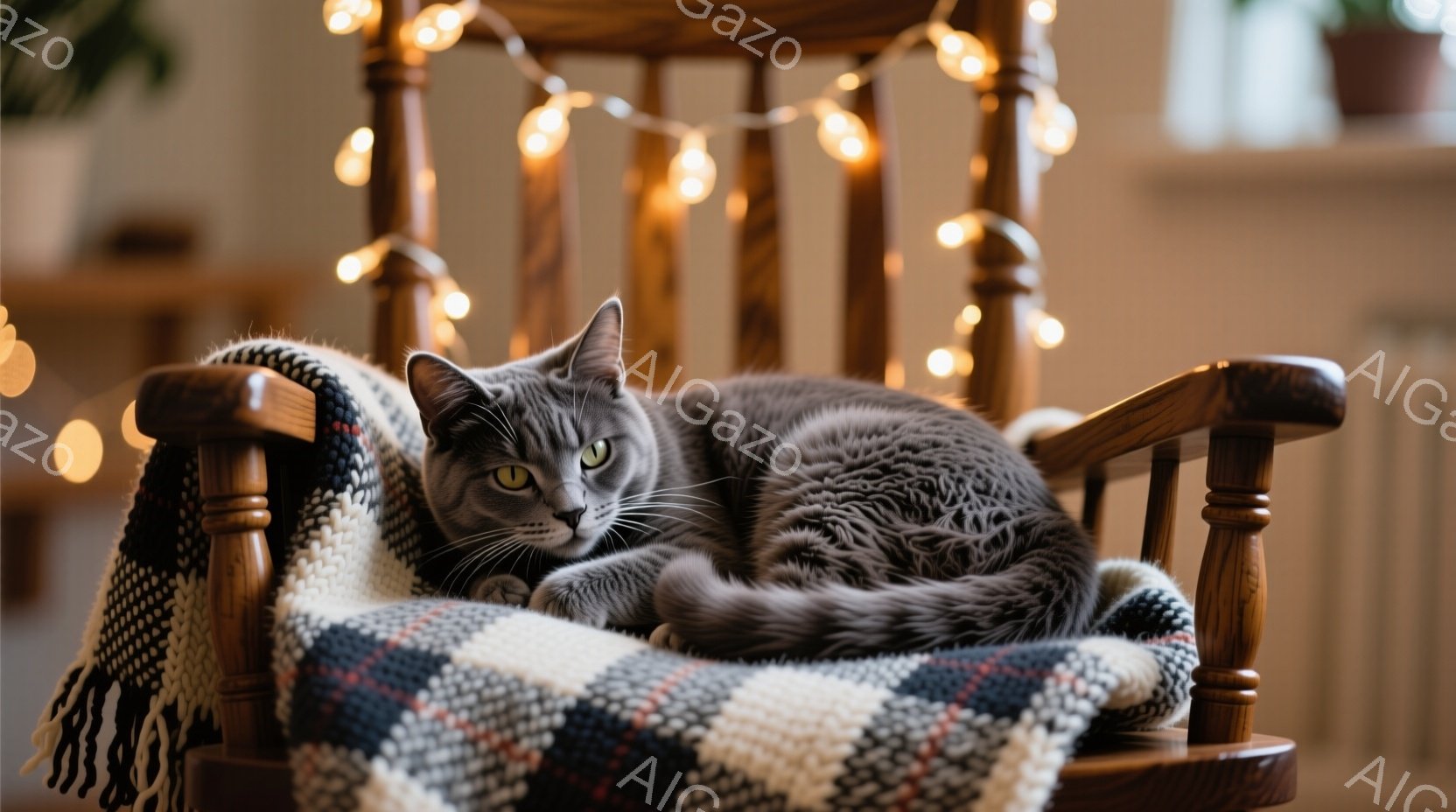灰色の猫が、チェック柄の敷物の上に置かれた木製のロッキングチェアに丸まって横たわっています。猫は少し目を細め、リラックスした表情で、穏やかな雰囲気を醸し出しています。背景にはぼやけた室内が見え、暖かい - AI生成フリー素材