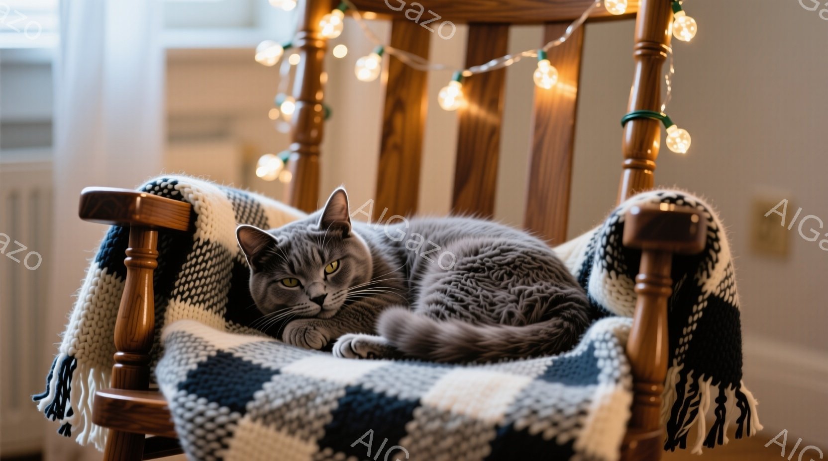 灰色の猫がロッキングチェアに丸まって眠っている。ロッキングチェアには白と黒のチェック柄のブランケットが掛けられており、背景にはぼんやりとした壁と、小さな電飾が飾られている。暖かく穏やかな雰囲気で、猫が - AI生成フリー素材