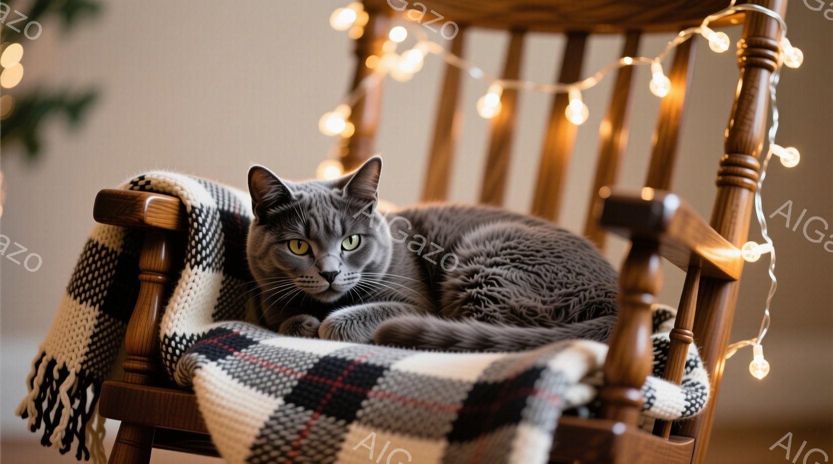 灰色の猫が揺り椅子に丸まって横たわっています。白と黒のチェック柄のブランケットが椅子に敷かれ、猫を暖かく包み込んでいます。背景にはぼやけた緑の植物と、温かい光を放つ小さな電飾が飾られており、心地よくリラックスした雰囲気を作り出しています。