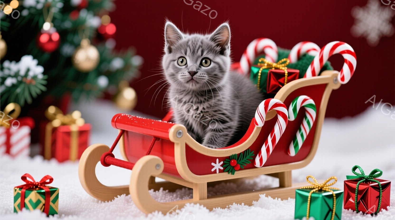 白い雪の上に赤いそりが置かれ、その中に灰色の小さな子猫が座っています。そりの周りには、緑と赤のリボンで飾られたプレゼントの箱がいくつか置かれ、赤い縞模様のキャンディケーンがそりの縁に飾られています。背 - AI生成フリー素材