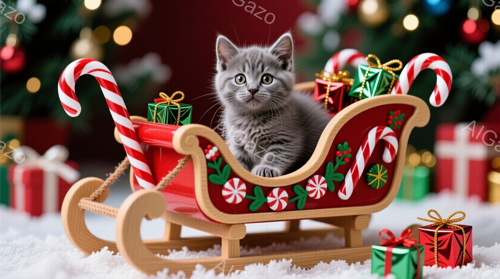 小さな灰色の毛並みの猫が、赤いそりに座ってこちらを見ています。そりは緑と赤のリボンとプレゼントで飾られ、雪の上に置かれています。背景にはぼやけたクリスマスツリーが見え、温かくお祝いムードに包まれた様子が伝わってきます。