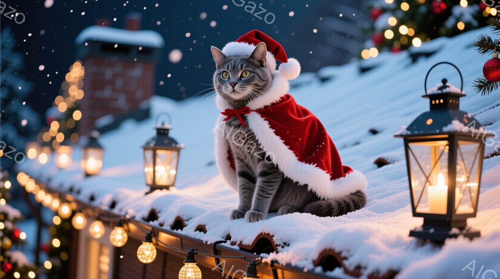 灰色の毛並みの猫がサンタクロースの帽子と赤いマントを身につけて屋根の上にとまっています。背景には雪が積もった建物と、きらめく電飾、そして暖かく光るランタンが見え、冬の夜の温かい雰囲気を醸し出しています - AI生成フリー素材