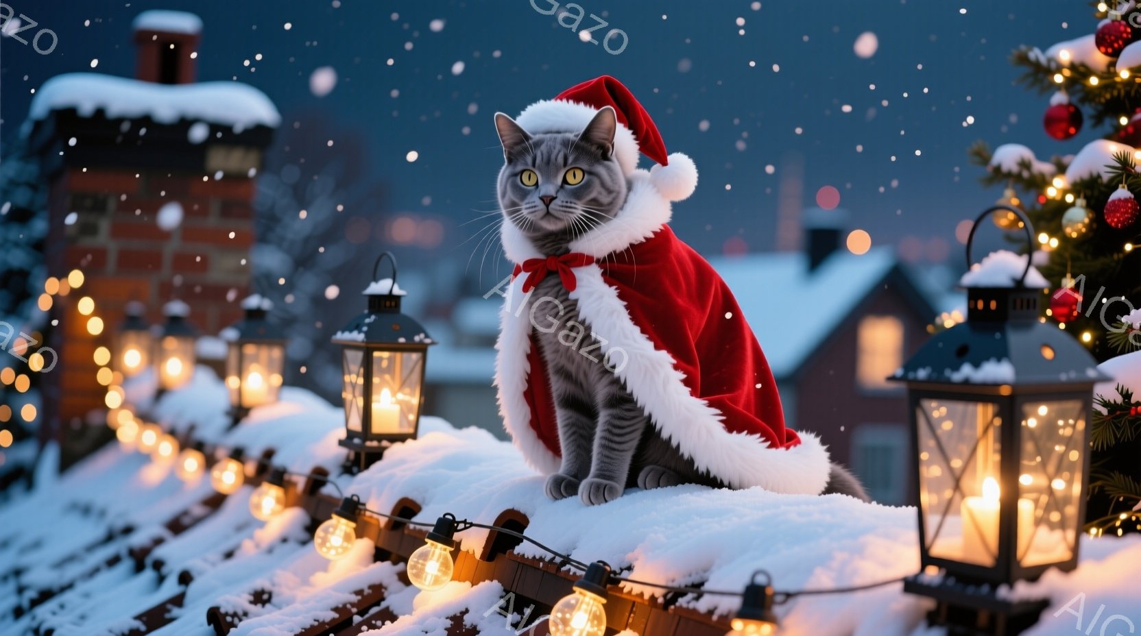 灰色の毛並みの猫が、赤いサンタクロースの衣装を着て屋根の上で座っています。猫は前方をまっすぐ見つめ、穏やかで落ち着いた表情をしています。背景には雪で覆われた建物、点灯したイルミネーション、そして雪が舞 - AI生成フリー素材