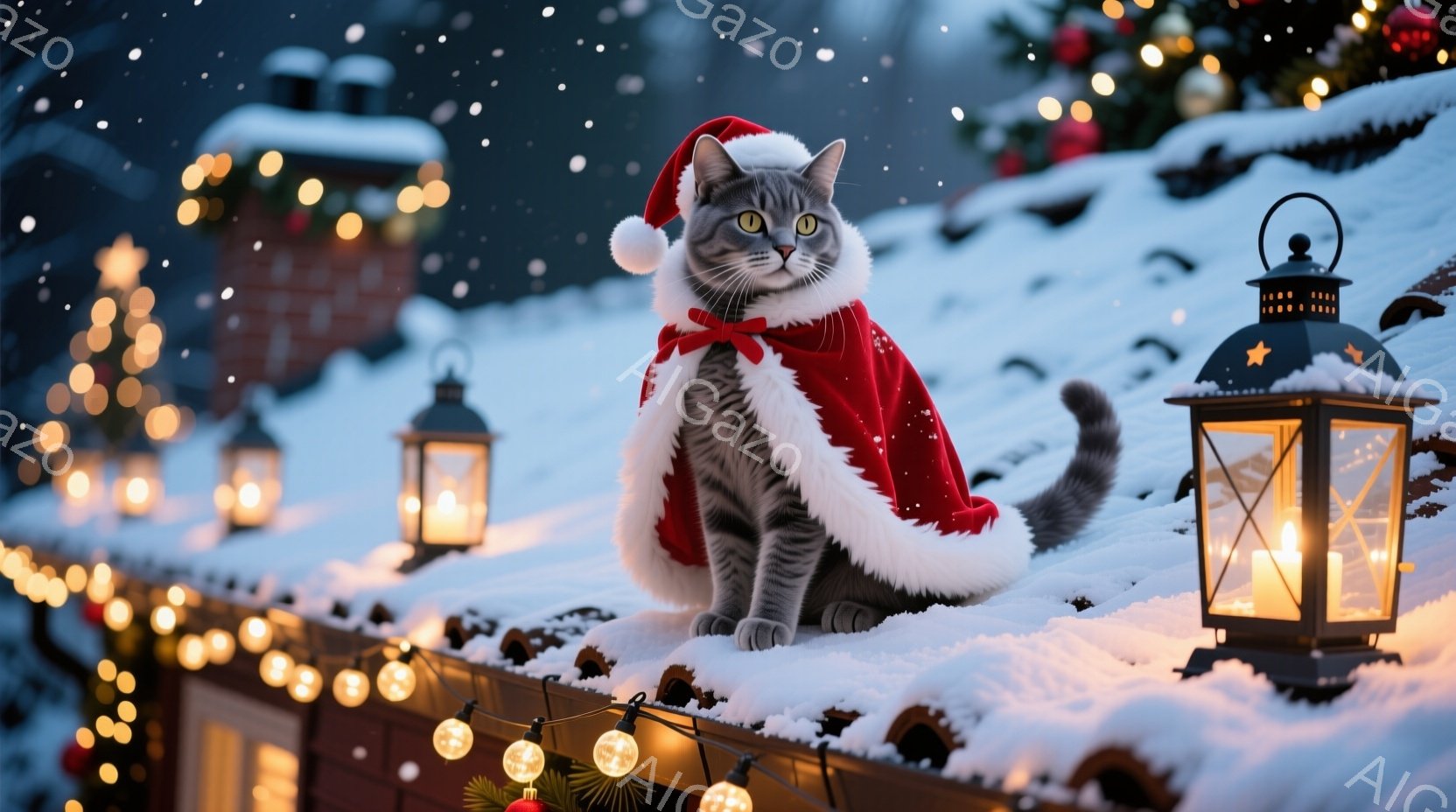 屋根の上で、サンタの帽子とマントを身に着けた灰色の猫が座っています。猫は前方をまっすぐ見つめ、凛々しい表情をしています。背景には雪積もった屋根、点灯したキャンドルライト、そしてキラキラと輝くイルミネー - AI生成フリー素材