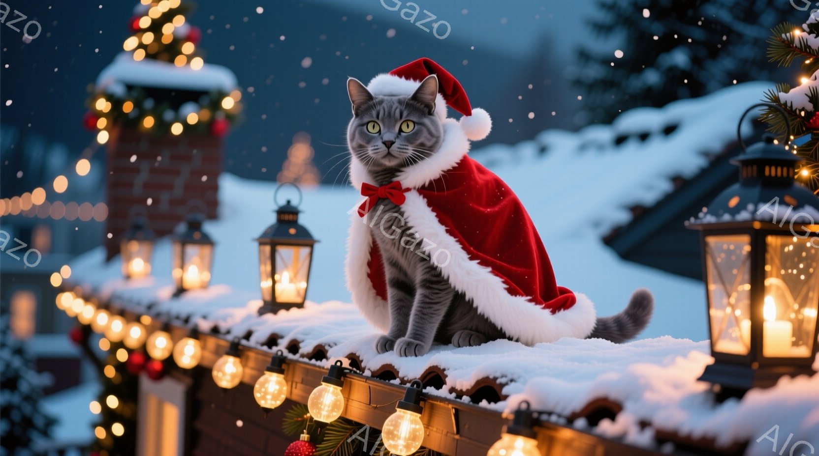 雪景色の中で、サンタの帽子と赤いマントを身につけた灰色の猫が屋根の上にと座っています。猫は前方をまっすぐ見つめ、少し気まぐれな表情をしています。背景には、クリスマスライトで飾られた建物や木々、そして雪 - AI生成フリー素材