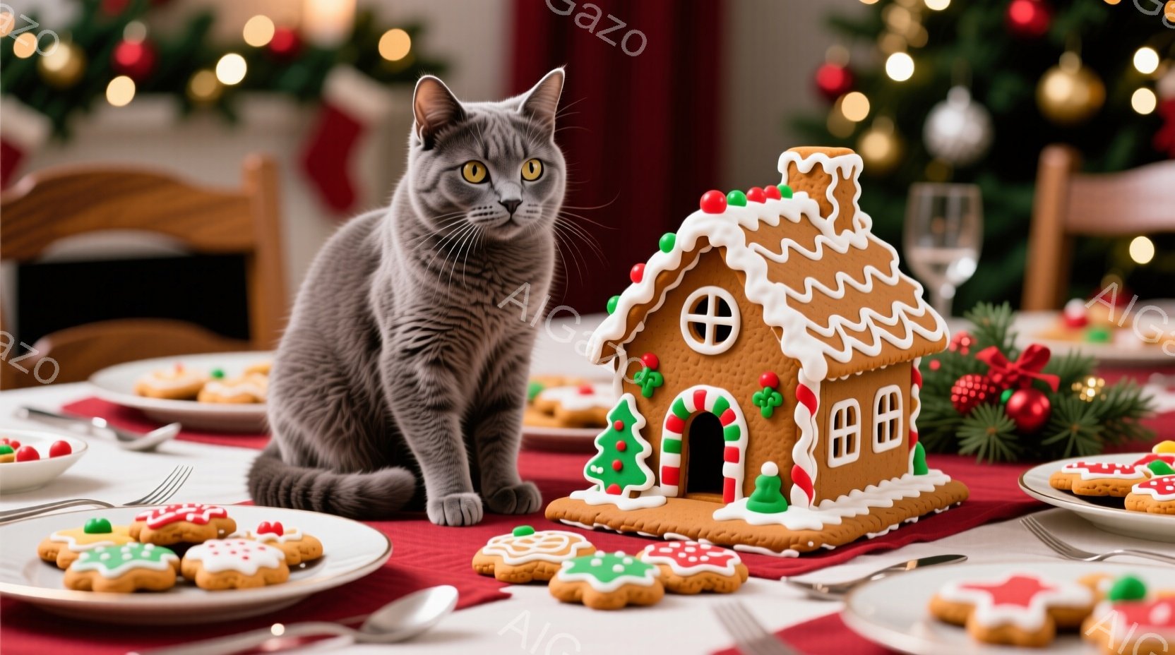 グレーの猫が、クリスマスをテーマにしたテーブルの上に座っています。テーブルの上にはジンジャーブレッドハウス、星やクリスマスツリーの形をしたクッキーが置かれ、お祝いの雰囲気を醸し出しています。背景にはぼ - AI生成フリー素材