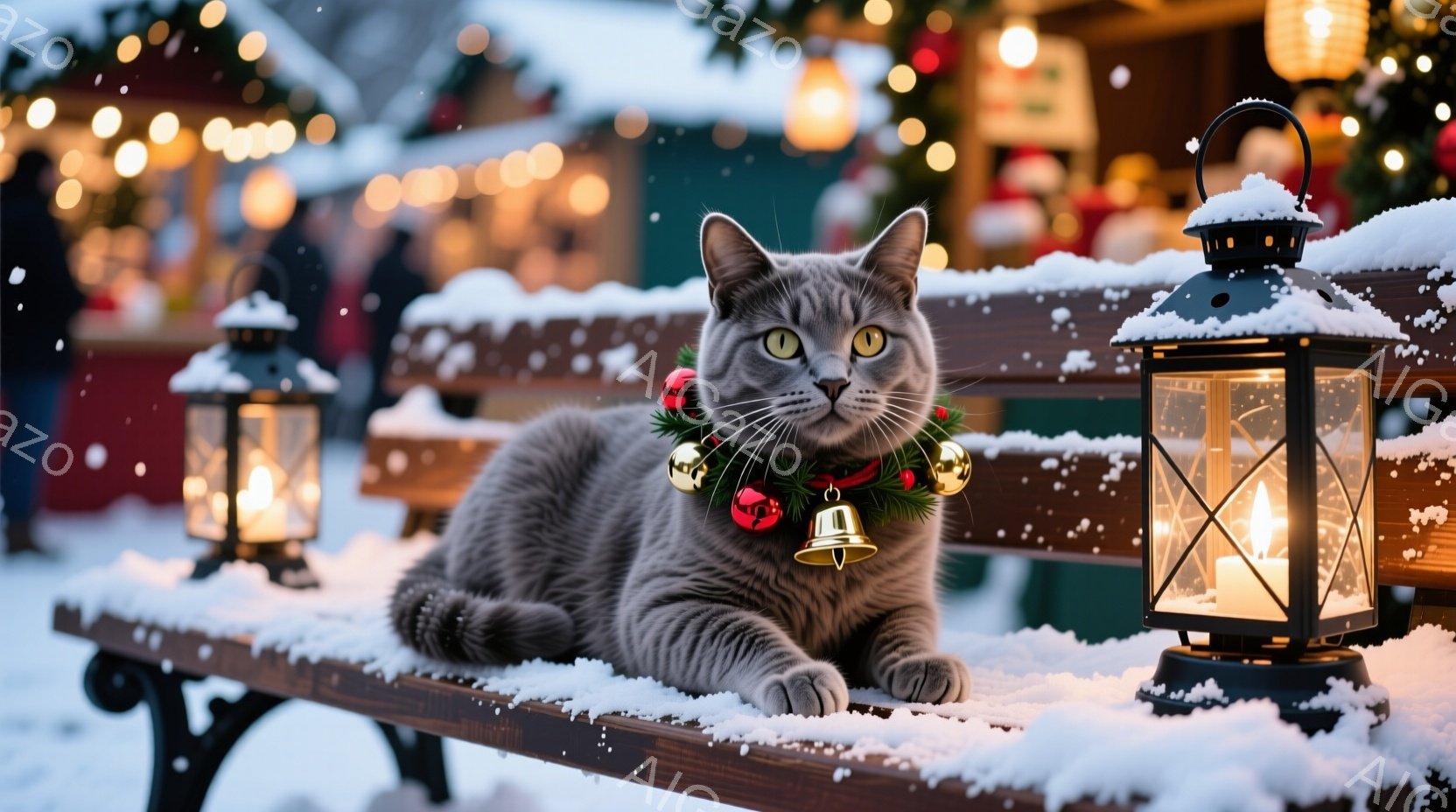 灰色の毛並みの猫が雪の積もったベンチに横たわっており、首輪には赤い実と鈴がついたクリスマス風の飾りがあります。背景にはぼんやりとクリスマスの装飾が施された建物が見え、雪が舞い散る冬の夜の様子が伺えます - AI生成フリー素材
