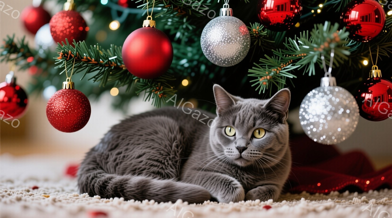 灰色の毛並みの猫が、カーペットの上に丸まって座っています。背景にはクリスマスツリーが飾られており、赤いオーナメントとキラキラ光る銀色のオーナメントが猫の周りに配置されています。全体的に、暖かく、お祝い - AI生成フリー素材