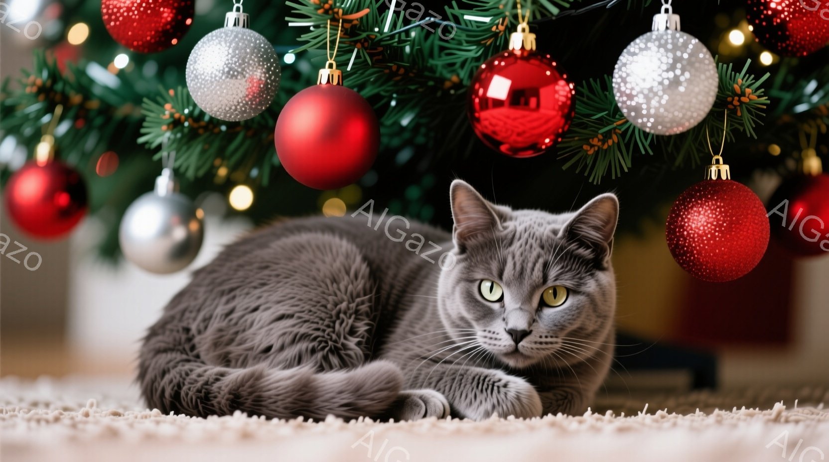 灰色の猫が、クリーム色のカーペットの上に横たわっています。背景には、赤と銀のクリスマスオーナメントで飾られたクリスマスツリーがあり、温かく、お祝いムードの空間を作り出しています。猫はカメラの方を見てお - AI生成フリー素材