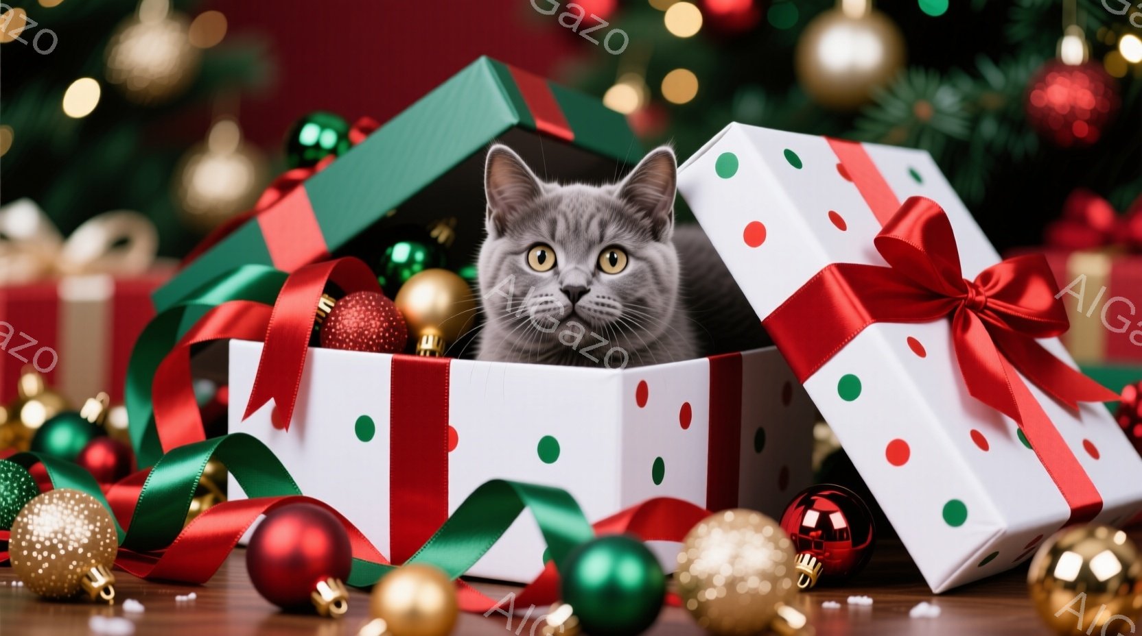 灰色の猫が、赤いリボンと緑色のリボンで飾られた白い水玉模様のギフトボックスの中に座っています。猫は正面を見て少し警戒した表情を浮かべており、周りにはさまざまな色のクリスマスオーナメントが散りばめられて - AI生成フリー素材