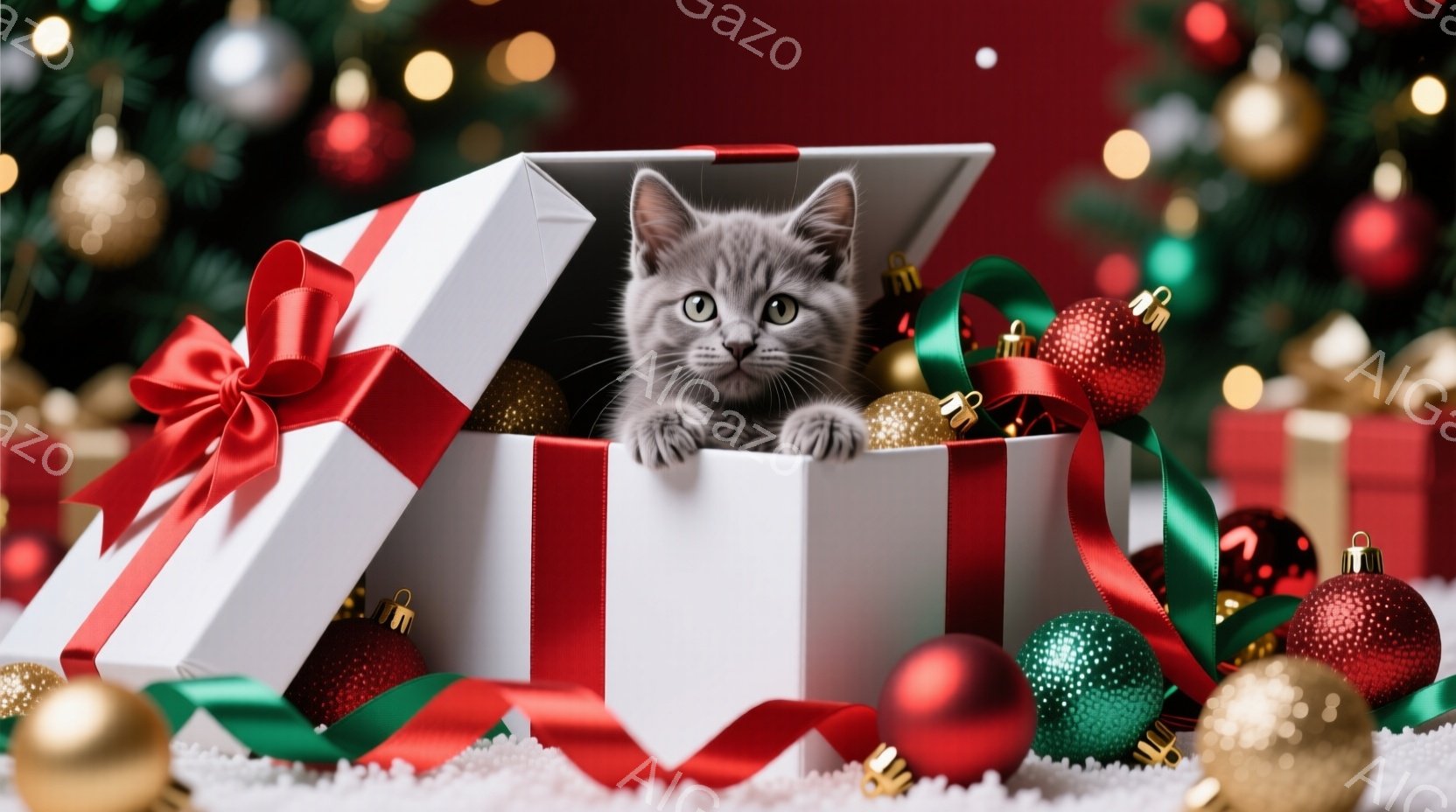 小さな灰色の猫が、赤いリボンで飾られた白いギフトボックスから顔を出しています。背景には、きらめくオーナメントや雪が敷かれた床が見え、お祝いの雰囲気が漂っています。猫は好奇心旺盛な表情で、可愛らしい姿を見せています。
