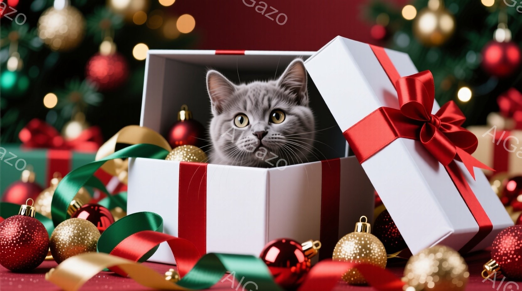 灰色の縞模様の猫が、赤いリボンで結ばれた白いギフトボックスの中に座っています。背景には、赤いテーブルクロスの上に、金と赤のクリスマスオーナメントが散りばめられており、華やかで祝祭的な雰囲気を醸し出して - AI生成フリー素材