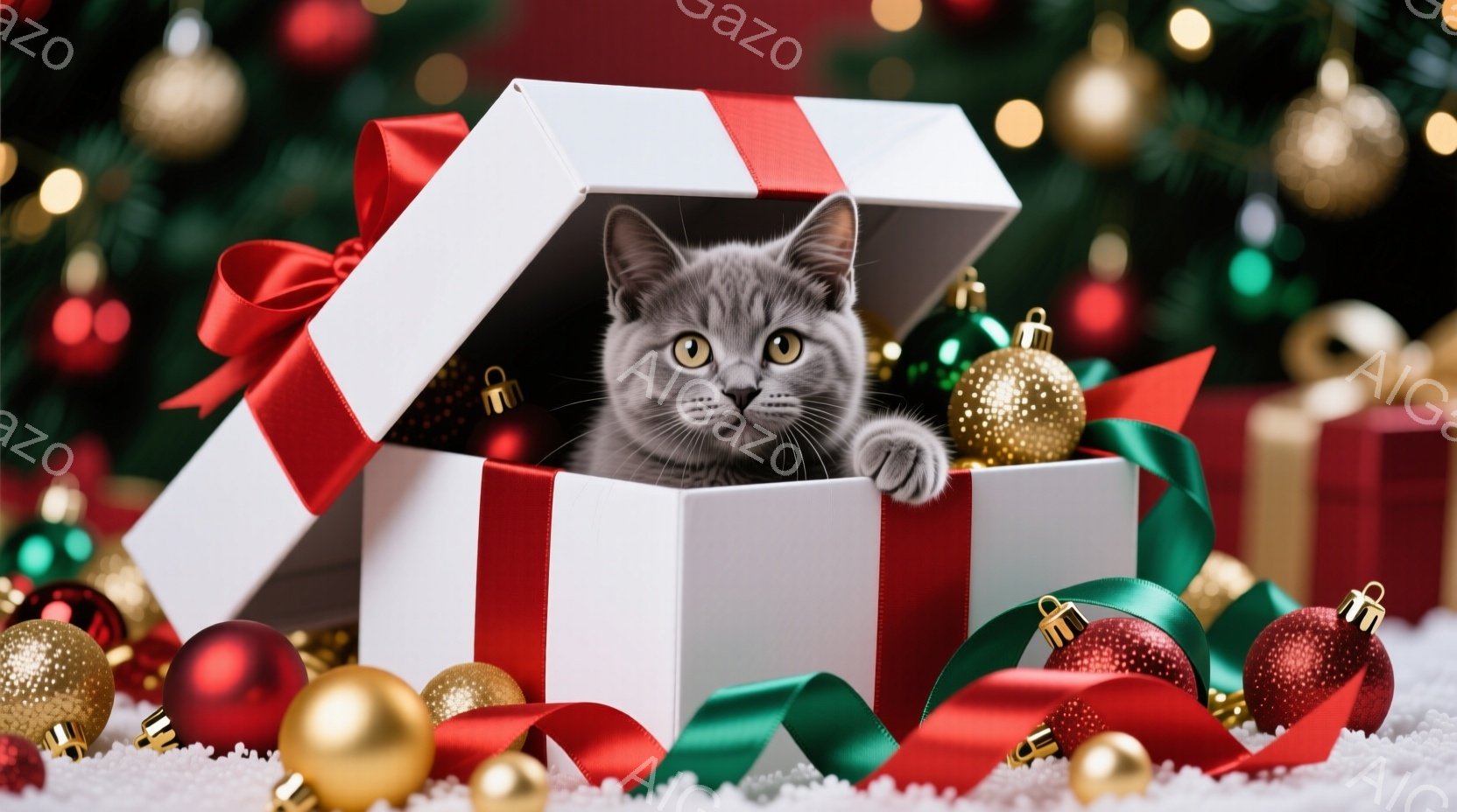 白いギフトボックスの中から、灰色の縞模様の猫が顔を出しています。猫は緑色の瞳でカメラを見つめ、片手を箱の縁に引っ掛けています。背景には、赤い、金色の、緑色のオーナメントが散りばめられ、白い雪のようなものが敷き詰められています。