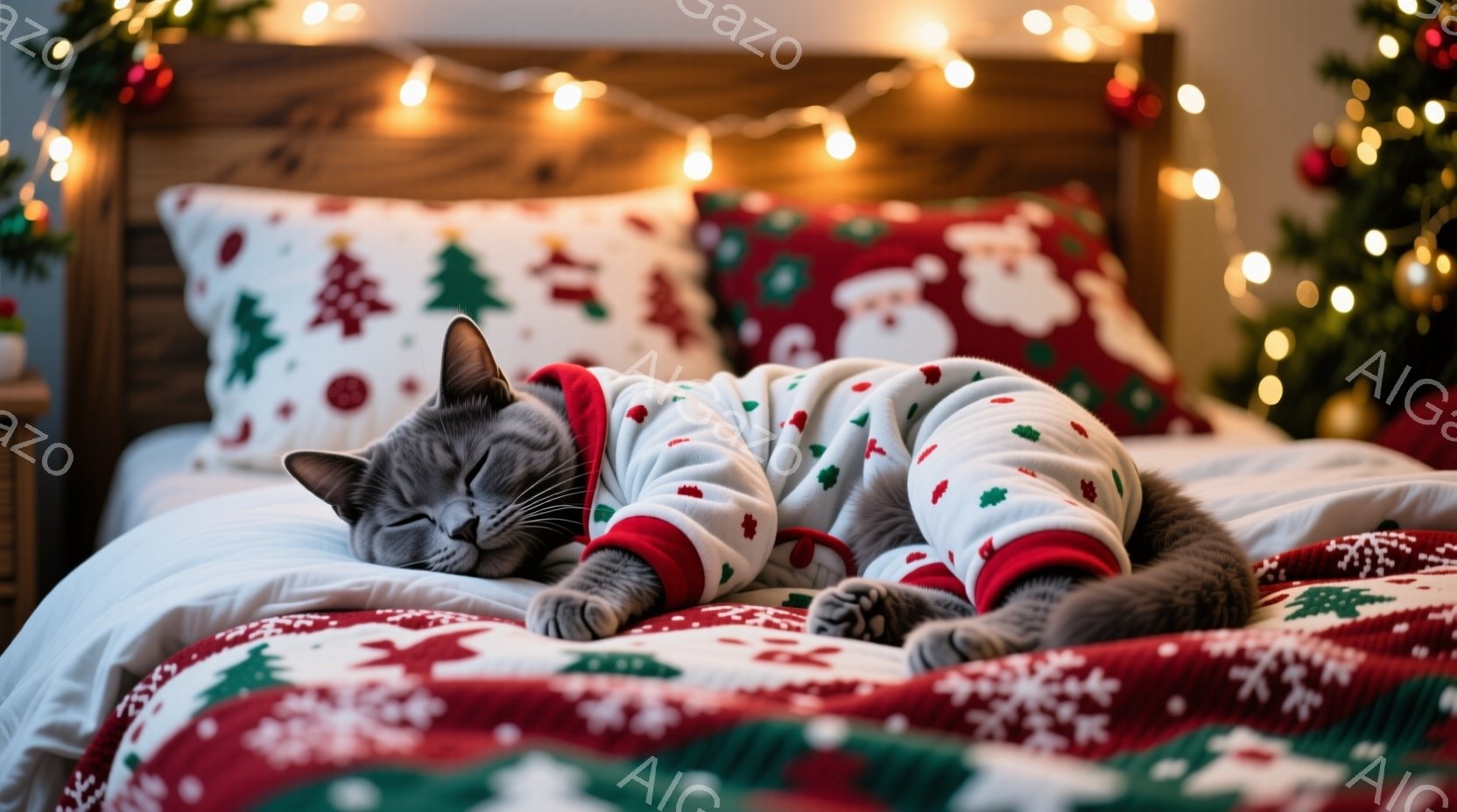 グレーの猫がクリスマス柄のパジャマを着てベッドの上で仰向けに寝ています。背景には赤いクリスマスツリーと、暖かい光を放つイルミネーションが飾られており、クリスマスの雰囲気が漂っています。猫はリラックスした表情で、安らかに眠っている様子が伺えます。