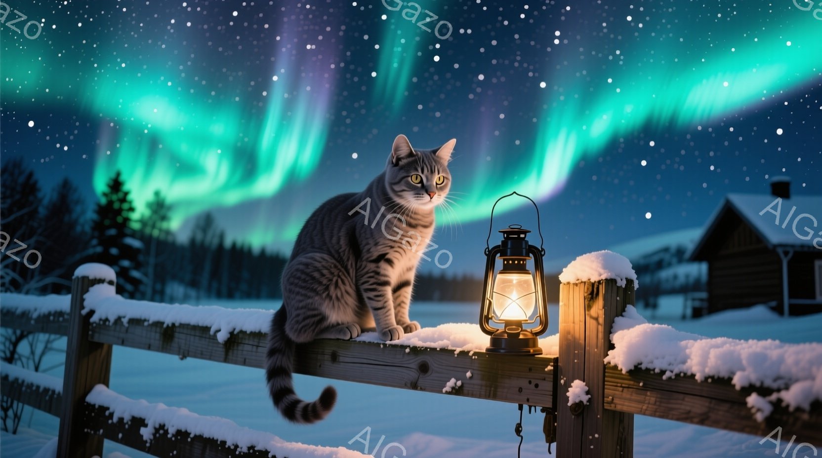 縞模様の猫が雪に覆われた木製の柵の上に座り、前方をじっと見つめている。背景には、木造の家々と針葉樹の森が広がり、夜空にはオーロラが輝いている。雪景色とオーロラが幻想的で、静寂な冬の夜の雰囲気を醸し出し - AI生成フリー素材