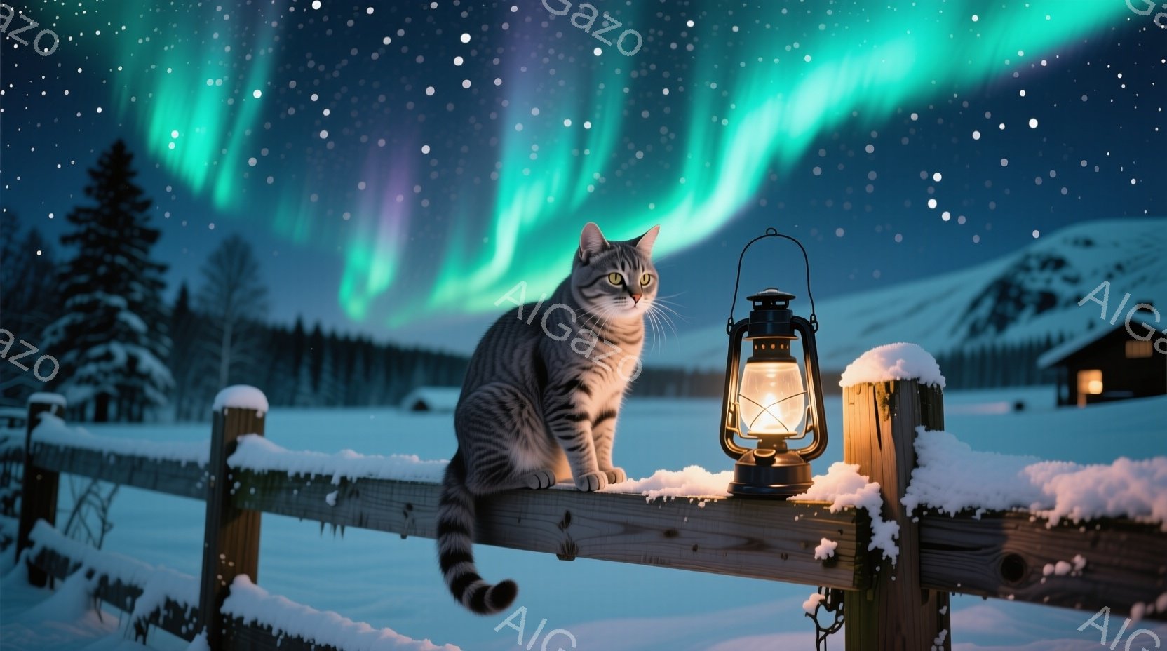 雪に覆われた風景の中に、柵の上に座っている灰色の縞模様の猫がいます。夜空にはオーロラが輝き、背景には雪化粧した建物と木々が見えます。猫はリラックスした様子で、周囲の静かな雪景色と幻想的な光景に調和して - AI生成フリー素材
