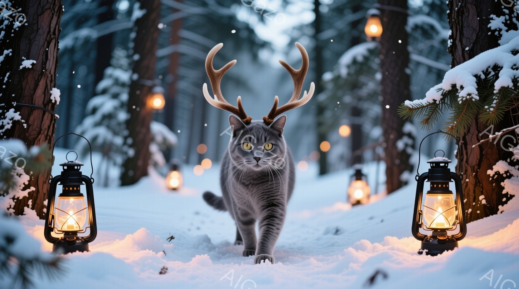 雪景色の中を、角を持つ灰色の猫がこちらに向かって歩いてくる様子が描かれている。周囲には、点灯したランタンが並び、幻想的な雰囲気を醸し出している。雪が舞い、背景には暗い森が広がっており、猫の神秘的な姿を際立たせている。