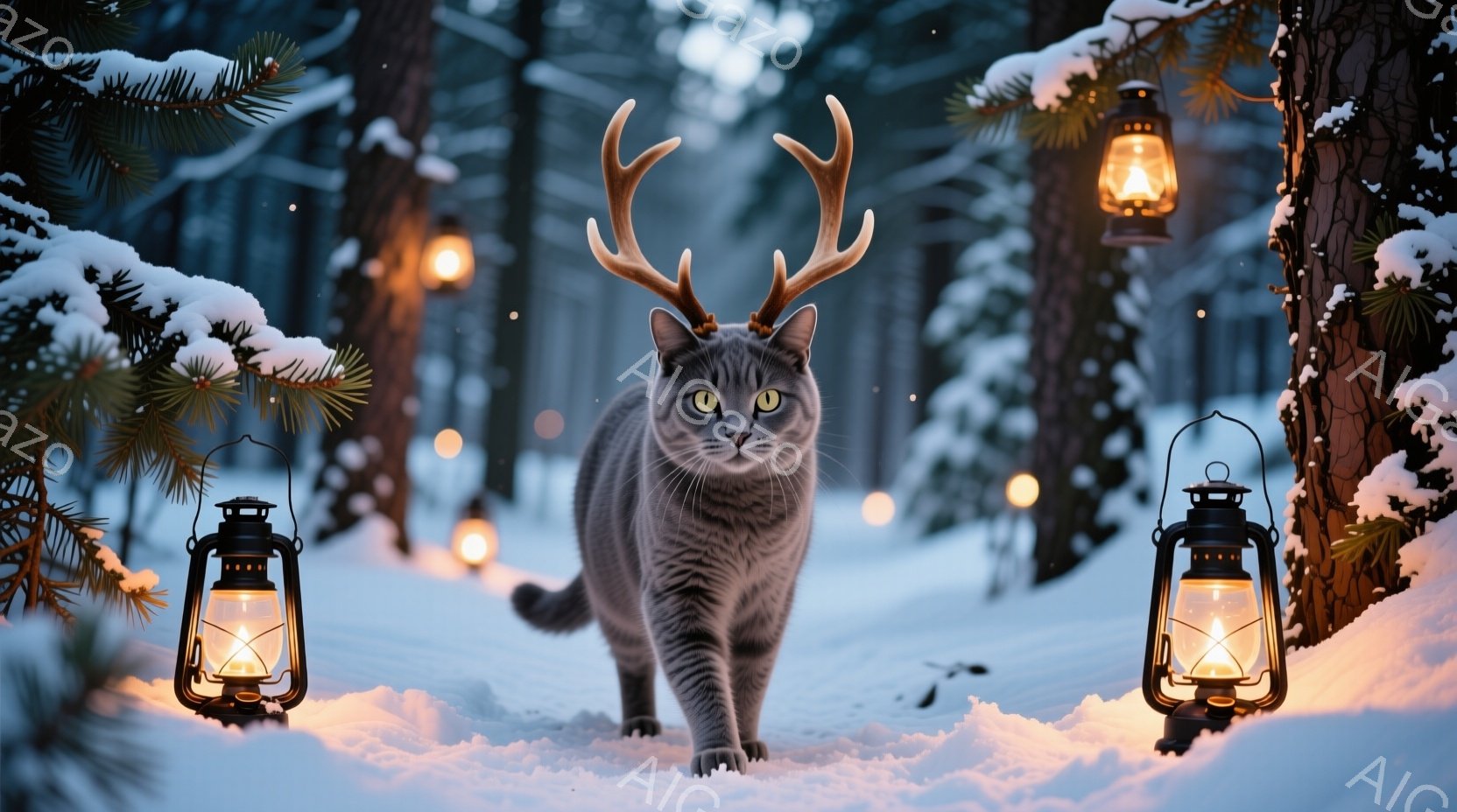 灰色の毛並みの猫が、角のような飾りを頭につけて雪の中をまっすぐこちらに向かって歩いてくる。背景には雪に覆われた木々と、ぼんやりと光るランタンが並び、幻想的な冬の森の雰囲気を醸し出している。猫の表情は穏やかで、どこか自信に満ち溢れているように見える。