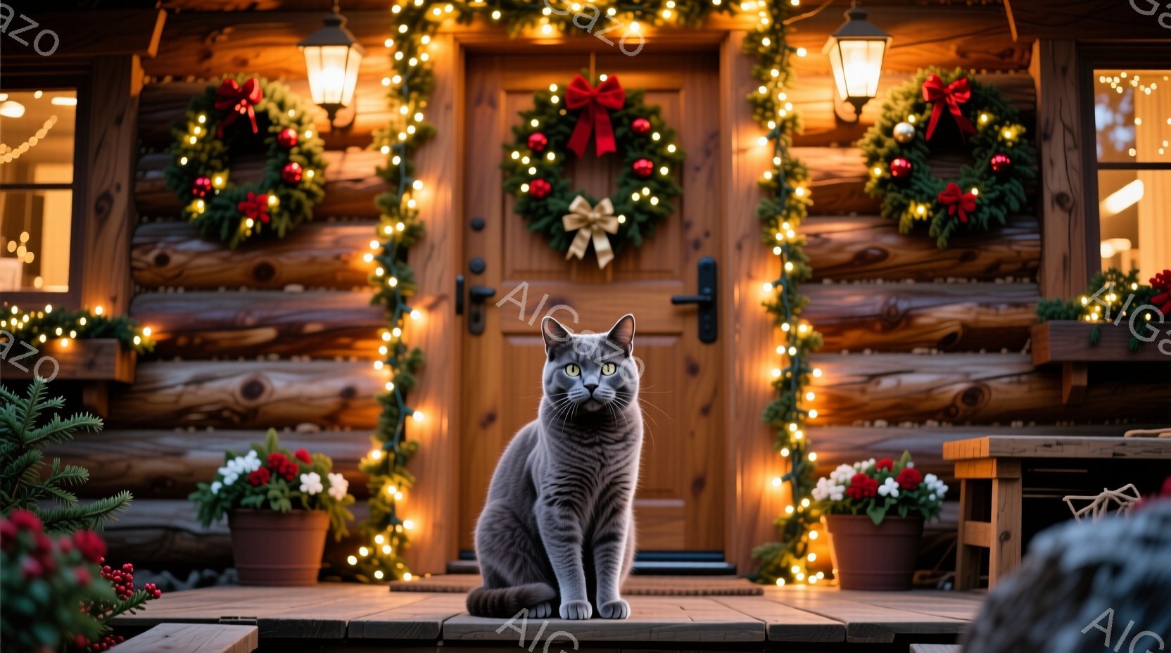 灰色の猫が木製のデッキに座り、正面を見つめています。背景には、クリスマスリースと光る電飾で飾られたログハウスがあり、暖かい雰囲気を醸し出しています。暖炉の灯りも暖かさを加え、クリスマスの静かで穏やかな - AI生成フリー素材