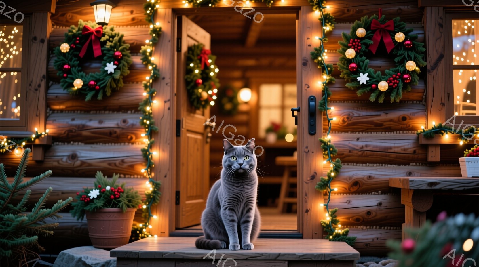 灰色の猫が、クリスマスの飾り付けがされた木造の家の玄関前に座っています。ドアや窓は、緑のガーランドと温かい光のイルミネーションで飾られており、正面の階段には赤い花が咲いた鉢植えが置かれています。全体的に、暖かく、穏やかで、お祝いムードにあふれた冬の情景です。