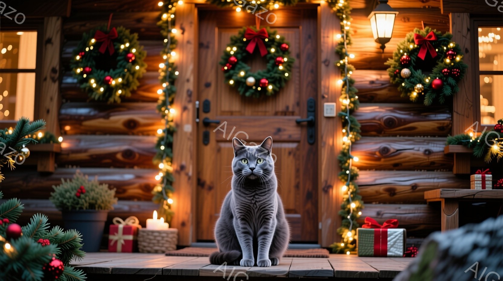 灰色の猫が木製の玄関のステップに座っており、正面を見据えています。背景にはクリスマスリースやイルミネーションで飾られた木造の家があり、プレゼントの箱も置かれています。暖かく、お祝いの雰囲気が漂う、クリスマスの光景です。