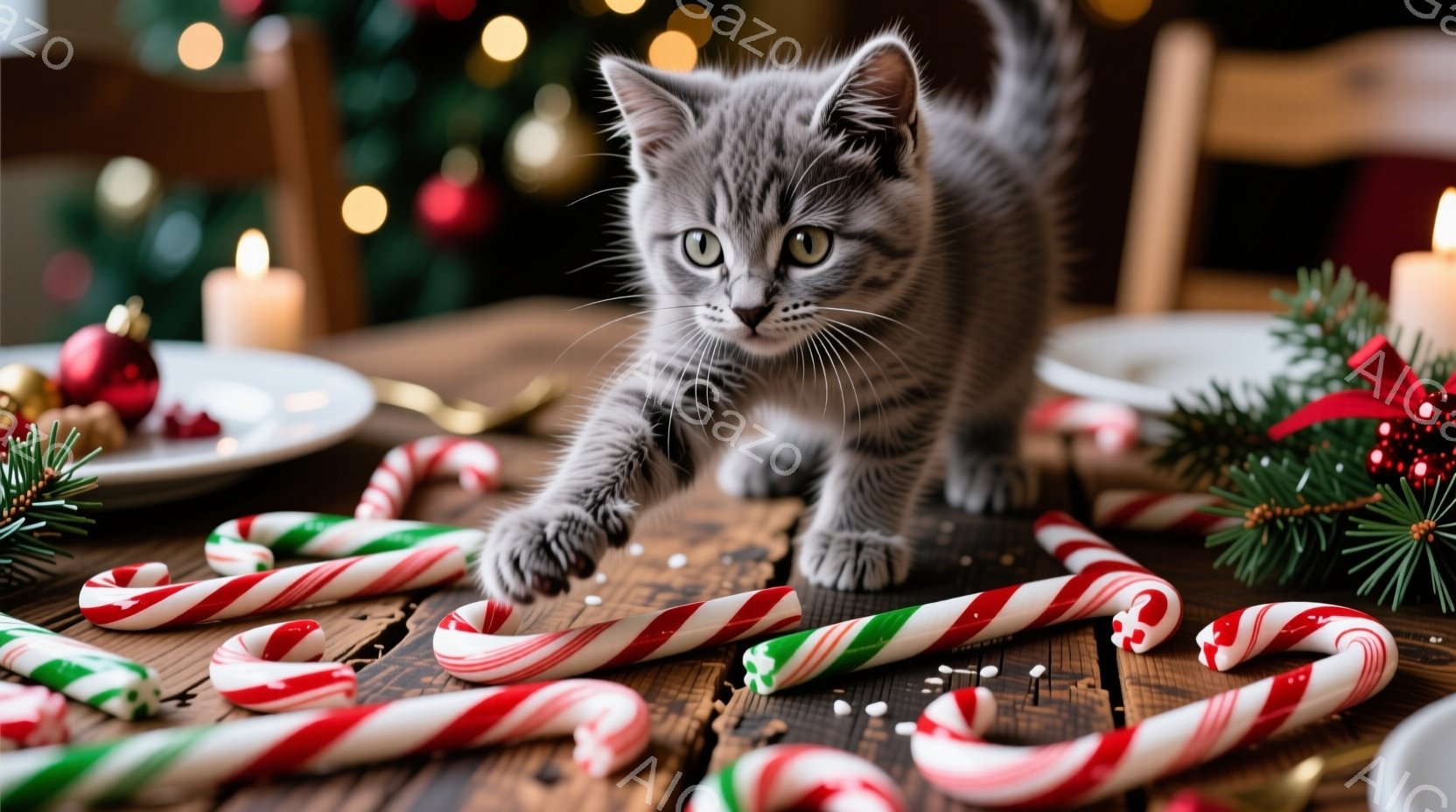 小さな灰色の毛並みの猫が、キャンディケーンや飾り付けられたテーブルの上を歩いています。猫は前足を前に出し、好奇心と遊び心に満ちた表情で何かを追いかけるような姿勢を見せています。背景には、ぼんやりと光るクリスマスツリーと、テーブルを彩る赤い実のついた枝が見え、暖かくお祝いムードに包まれています。