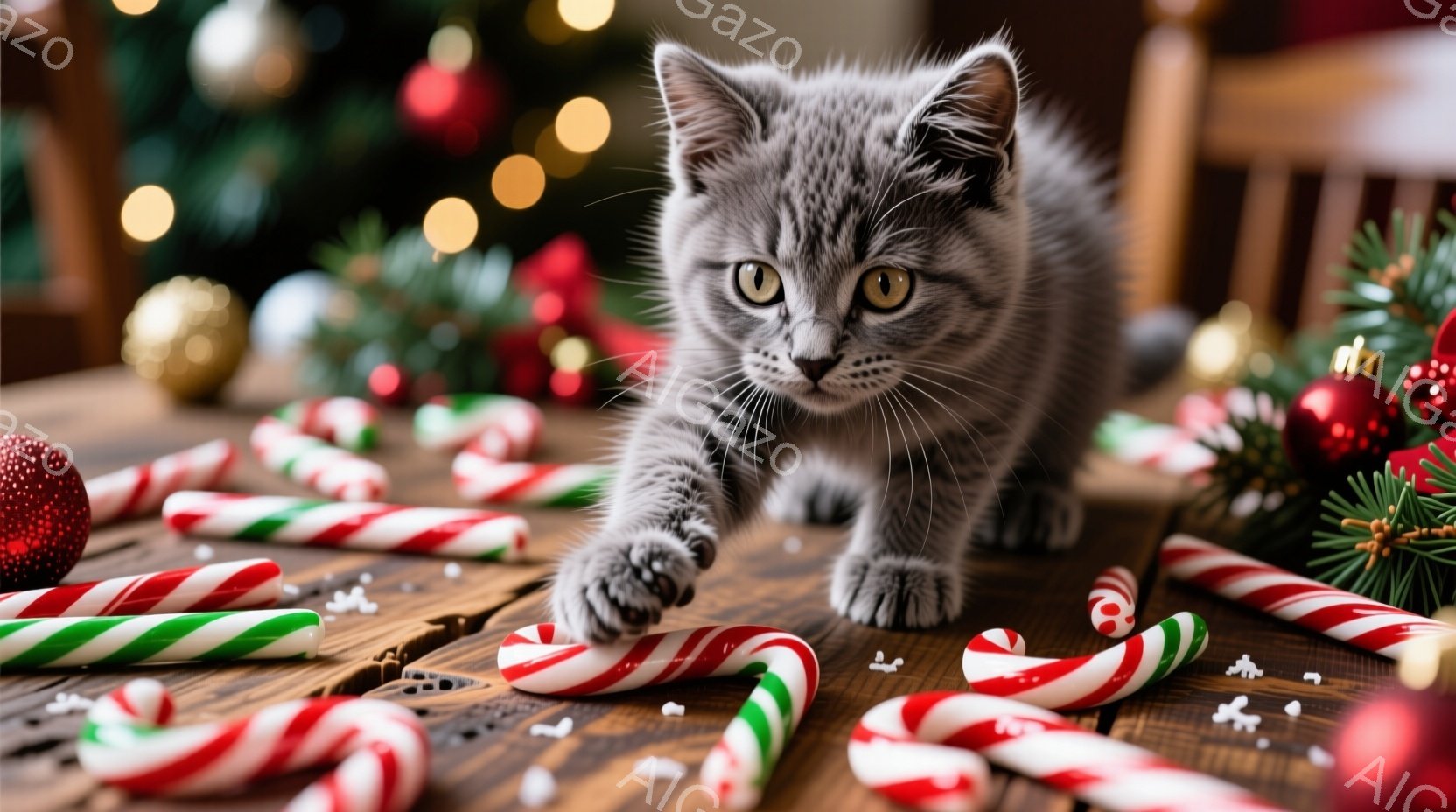 灰色の縞模様の小さな子猫が、木のテーブルの上を前肢を伸ばして歩いています。テーブルの上には、赤と白、緑と白のキャンディケーンが散らばっており、背景には緑のクリスマスツリーの葉や赤いオーナメントが見えま - AI生成フリー素材