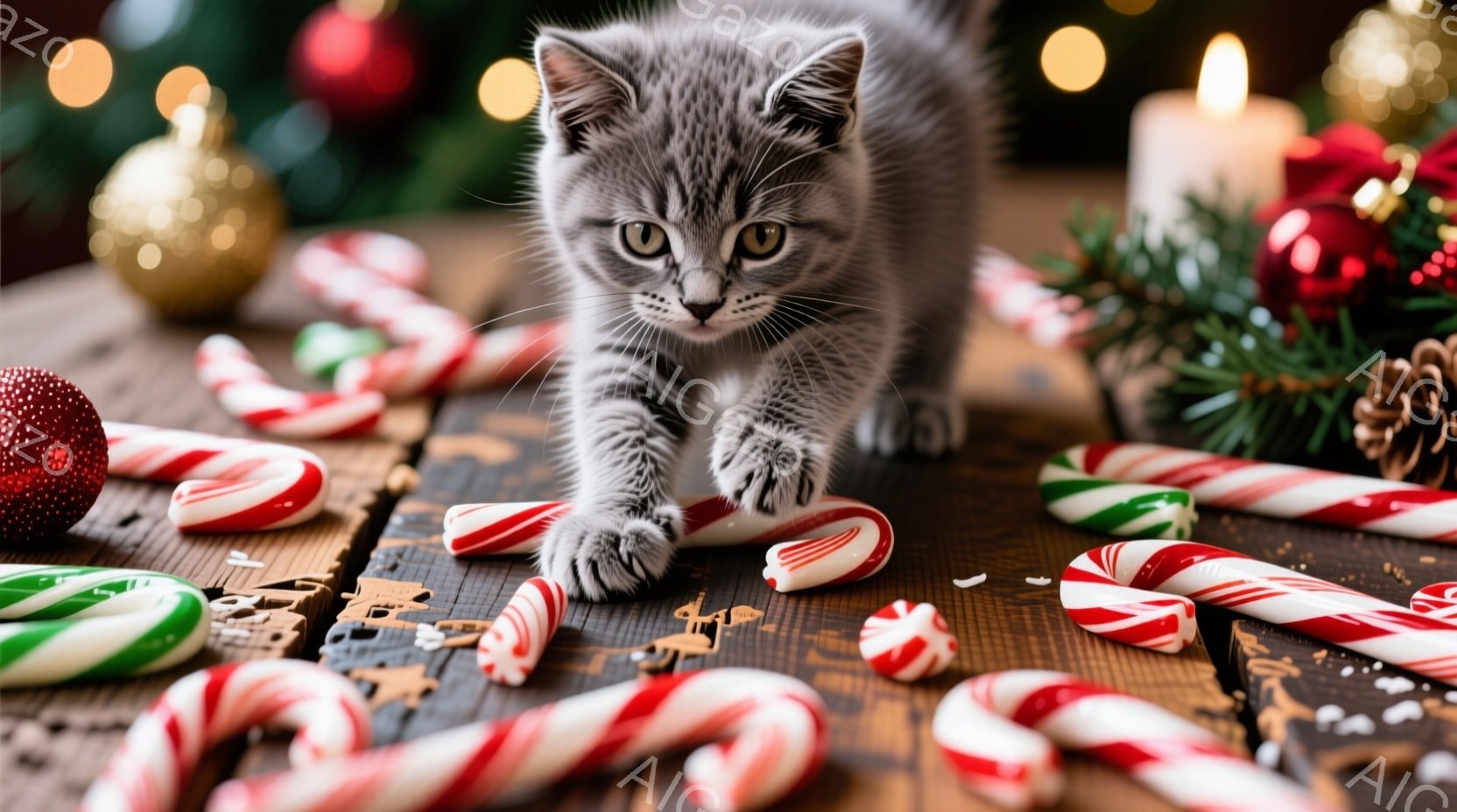 小さな縞模様の猫が、木製のテーブルの上に散らばったキャンディケーンの周りを歩いています。背景には、ぼやけたクリスマスツリーや装飾、そして暖かい光のぼかしがあり、冬の祝祭の雰囲気を醸し出しています。猫は好奇心旺盛な表情で、まるで遊んでいるかのように軽快に歩いています。