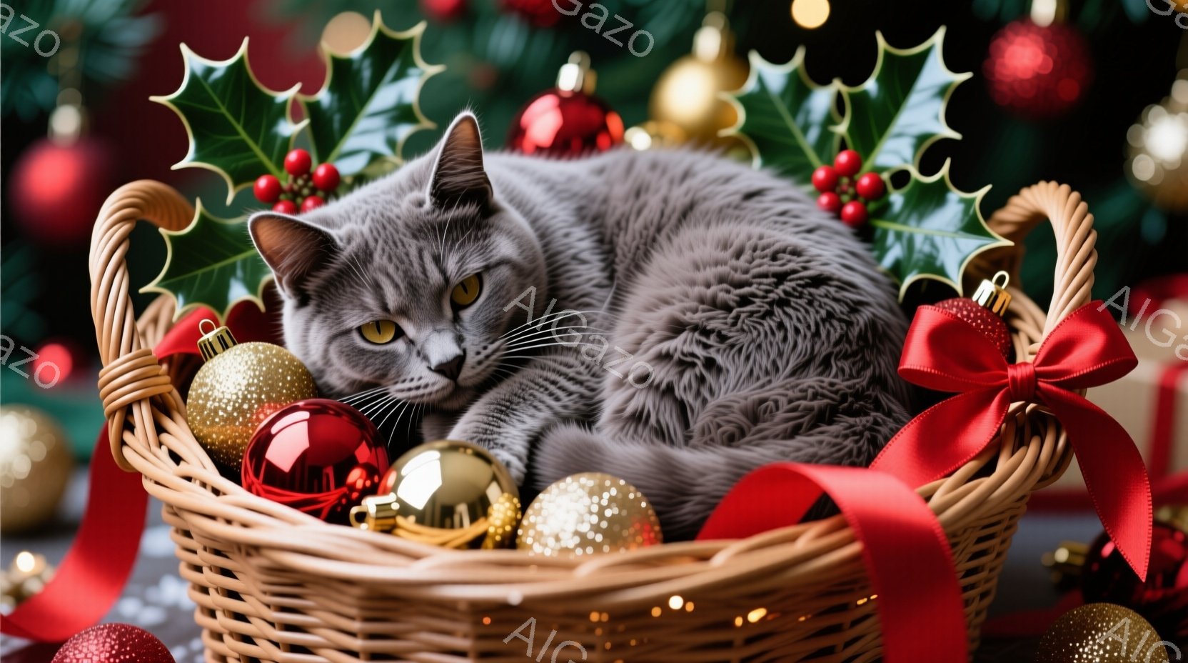 灰色の猫が、クリスマスオーナメントで飾られたバスケットの中で丸まって眠っています。背景には緑の葉と赤い実の飾り、そしてぼやけたクリスマスツリーの光が散りばめられ、温かく穏やかな雰囲気を醸し出しています - AI生成フリー素材