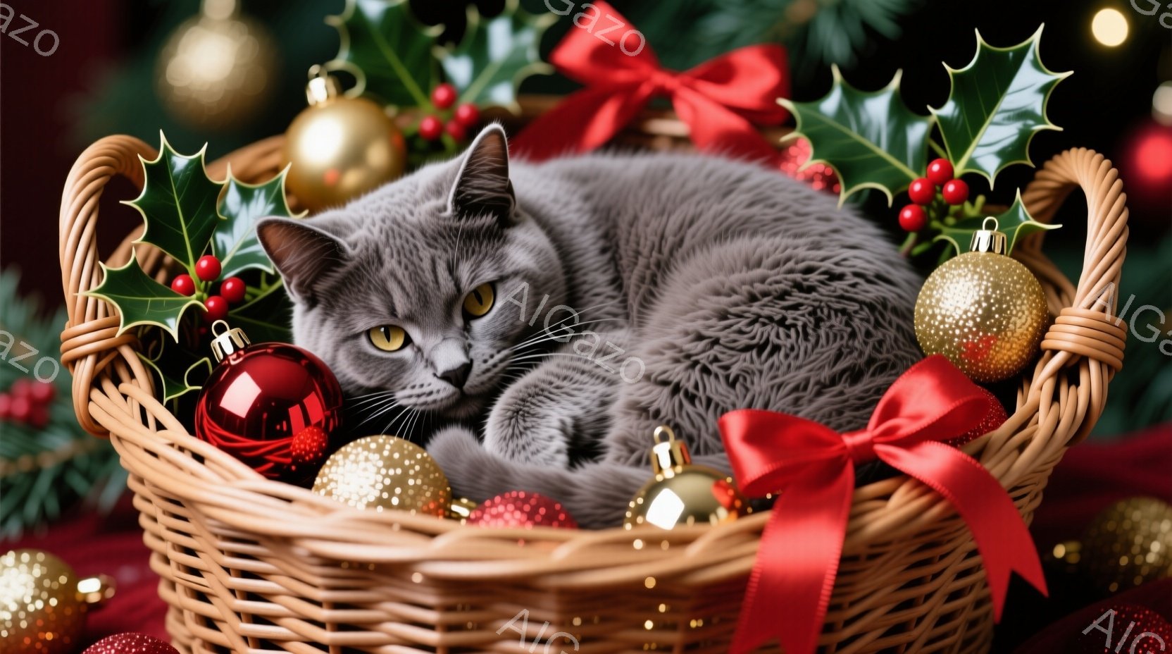 灰色の猫が、クリスマスオーナメントと赤いリボンで飾られた籐のバスケットの中に丸まって眠っています。猫は目を細め、リラックスした表情をしています。背景には、赤い生地と金色のオーナメントが散りばめられ、ク - AI生成フリー素材