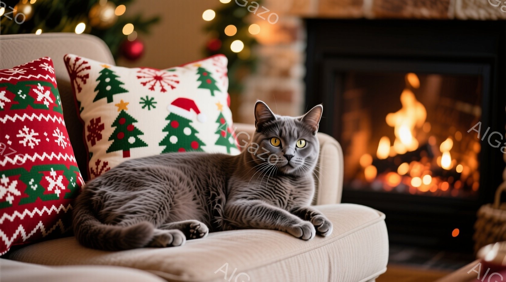 灰色の毛並みの猫が、クリスマス柄のクッションとクリーム色のソファの上でゆったりと横たわっています。背景には暖炉があり、火が燃えて暖かく、お祝いの雰囲気を醸し出しています。暖炉の周りには、ぼんやりとした光が灯っており、冬の穏やかな夜の心地よい雰囲気を高めています。