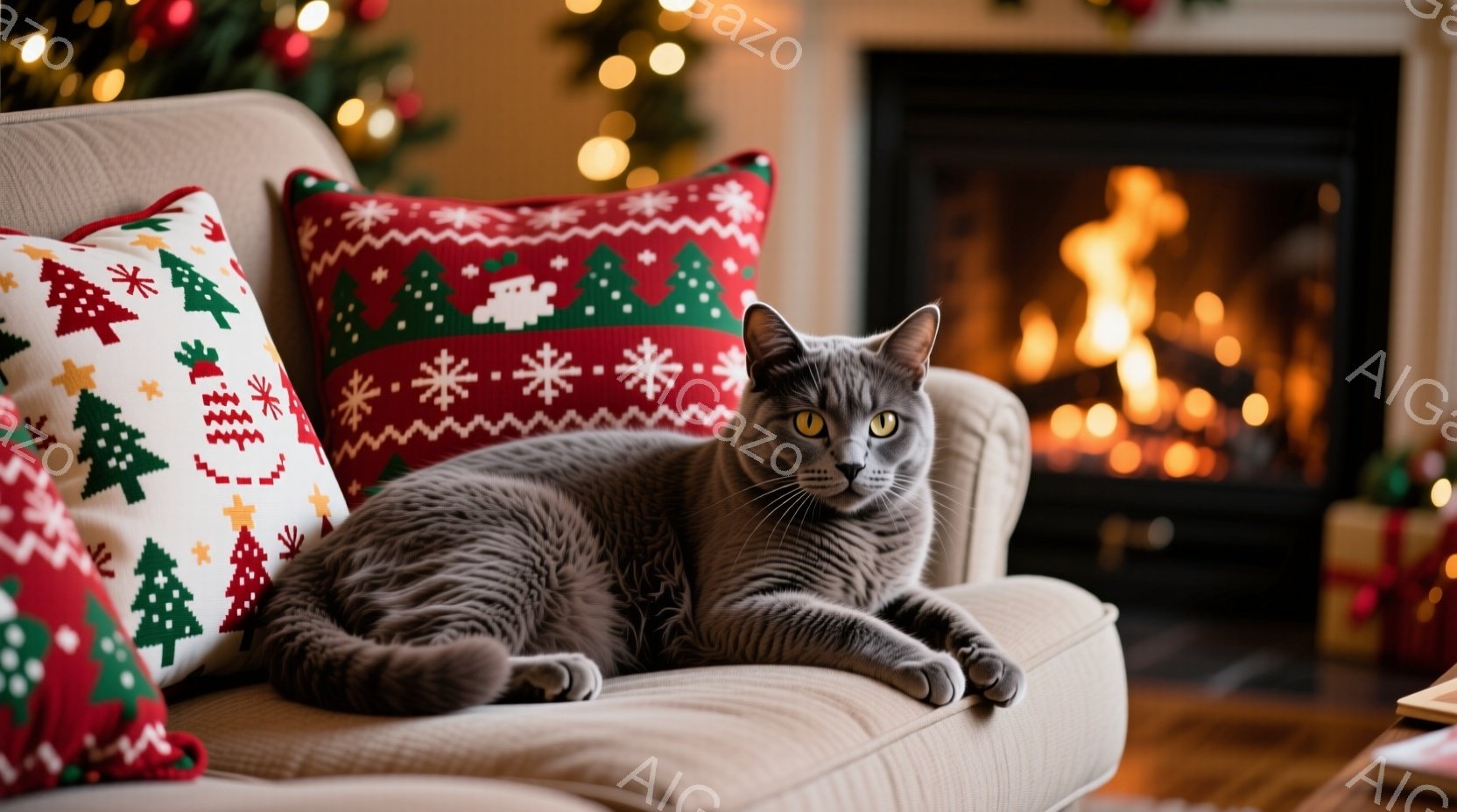 灰色の猫がクリーム色のソファに横たわっています。背景にはクリスマスツリーのぼんやりとした光と、暖炉の燃え盛る炎が見えます。全体的に、暖かく、居心地の良い、お祝いの雰囲気で、猫はリラックスしてくつろいでいる様子です。