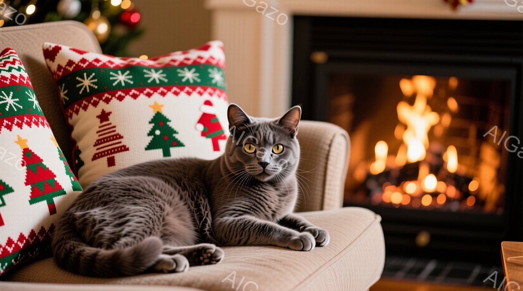 灰色の縞模様の猫が、クリスマスの柄のクッションが置かれたベージュ色のソファーにゆったりと横たわっています。猫はリラックスした表情で、正面を向いて少しだけカメラ目線になっています。背景には暖炉があり、炎 - AI生成フリー素材