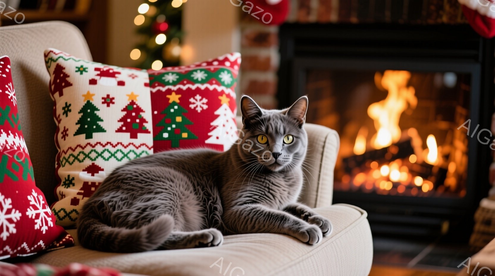 灰色の縞模様の猫が、クリスマスの柄のクッションが置かれたベージュ色のソファに横たわっています。猫はリラックスした表情で、正面を少し外してこちらを見ています。背景には暖炉があり、炎が燃え盛り、クリスマス - AI生成フリー素材