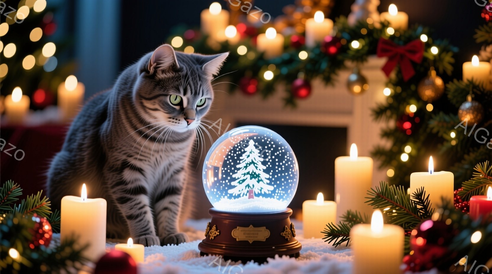 灰色の縞模様の猫が、雪の結晶が舞うクリスマスのツリーが入ったスノーグローブの前に座っています。周囲には、温かい光を放つ複数のロウソクが配置され、背景には緑のクリスマスツリーとぼやけたキラキラした光が広 - AI生成フリー素材