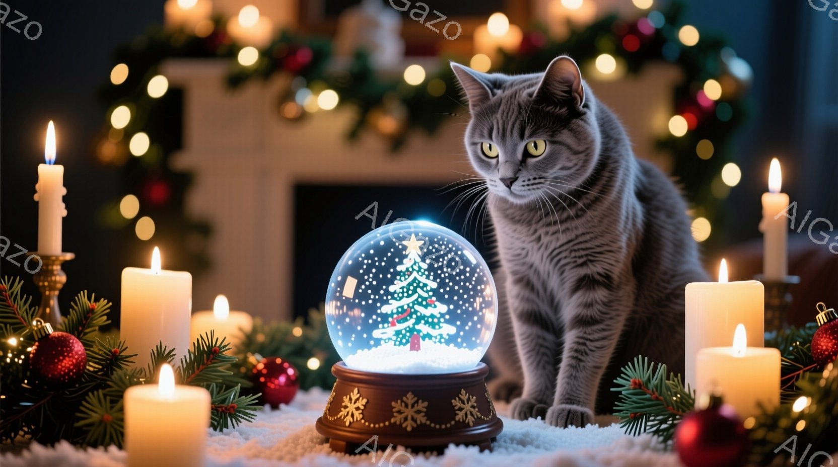 灰色の猫が、雪の降るクリスマスのオーナメントのガラス玉の前に立っています。周囲には点灯したキャンドルとクリスマスツリーの飾り付けがあり、暖かく幻想的な雰囲気を作り出しています。背景にはぼんやりと暖炉が - AI生成フリー素材